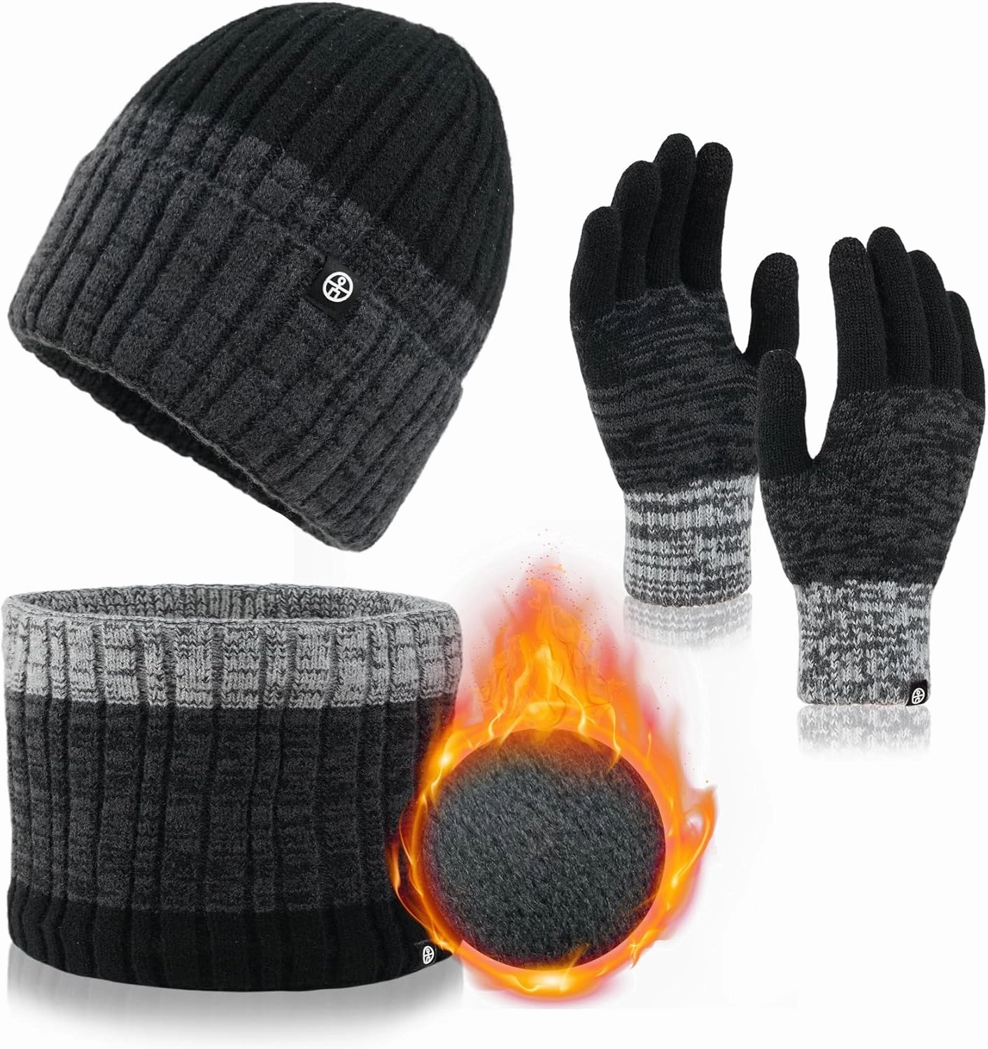 Mens Womens Winter Beanie Hat Scarf Gloves Set, Touchscreen Gloves Neck Warmer Scarf Fleece Lined Knit Skull Caps Winter Gift