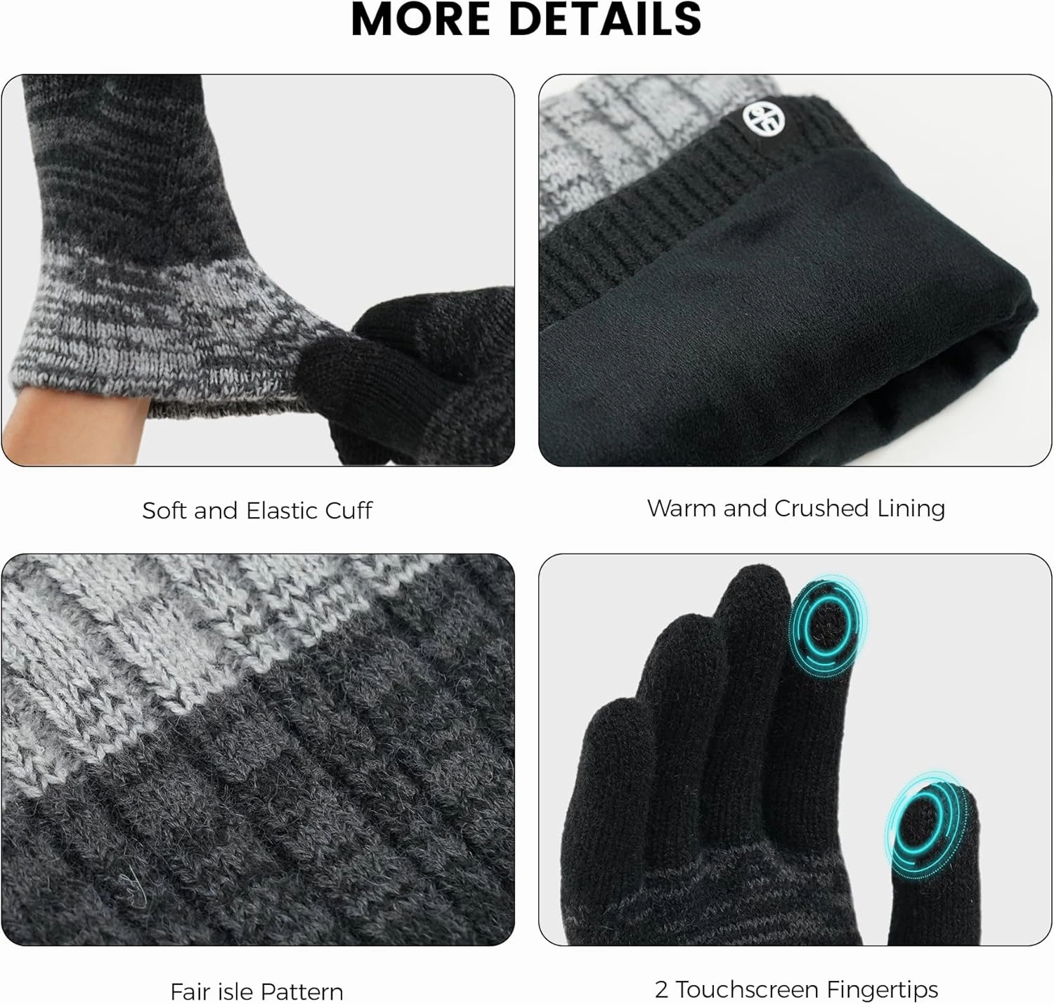 Mens Womens Winter Beanie Hat Scarf Gloves Set, Touchscreen Gloves Neck Warmer Scarf Fleece Lined Knit Skull Caps Winter Gift