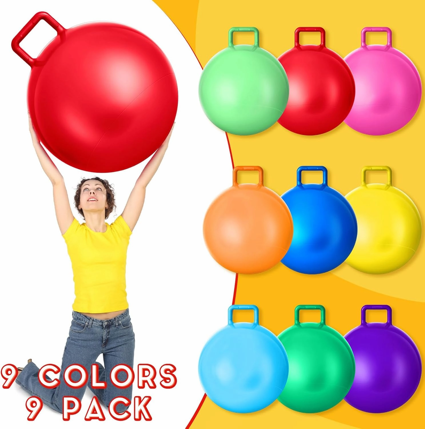 Meooeck 9 Pcs Hopper Ball Outdoor Bouncy Balls with Handles and Air Pump Jumping Hopping Ball for Games Exercise