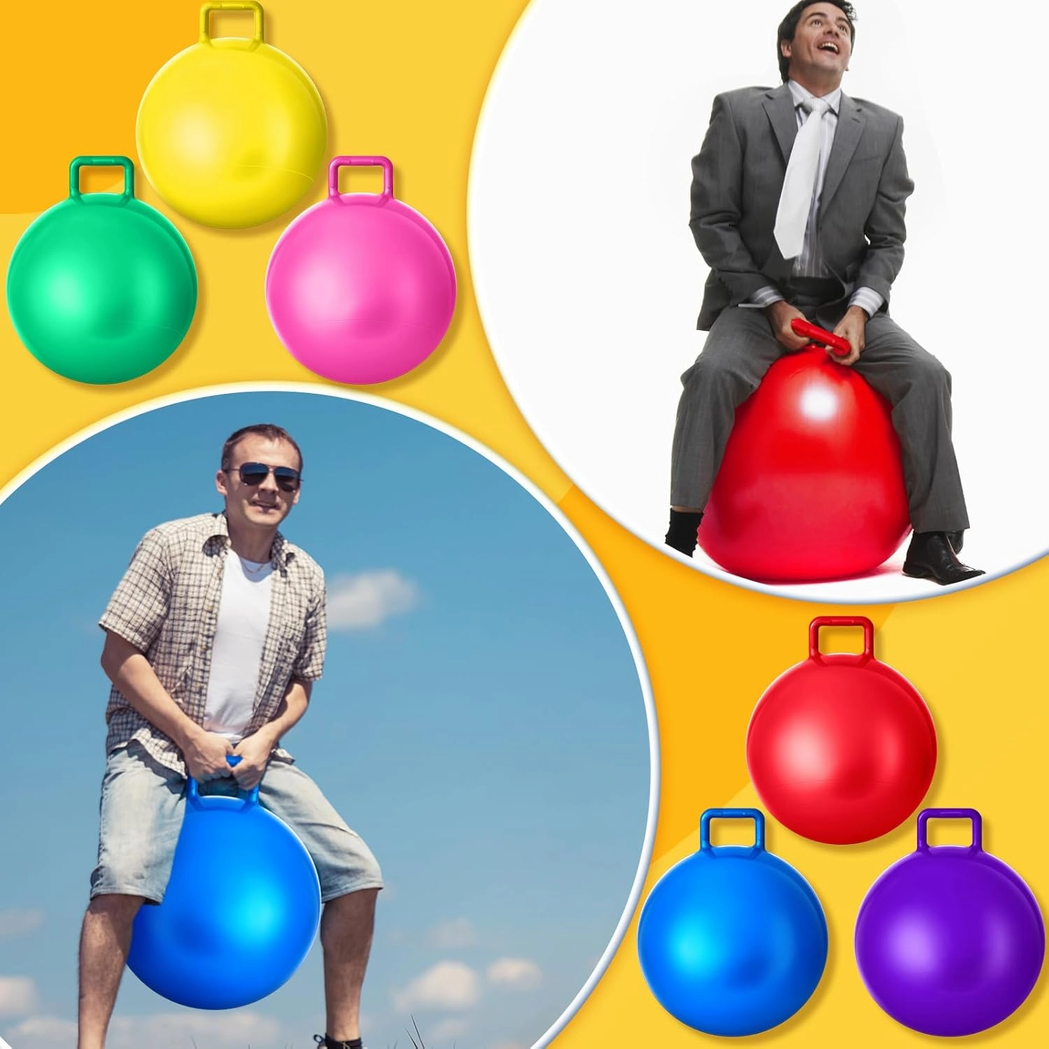 Meooeck 9 Pcs Hopper Ball Outdoor Bouncy Balls with Handles and Air Pump Jumping Hopping Ball for Games Exercise