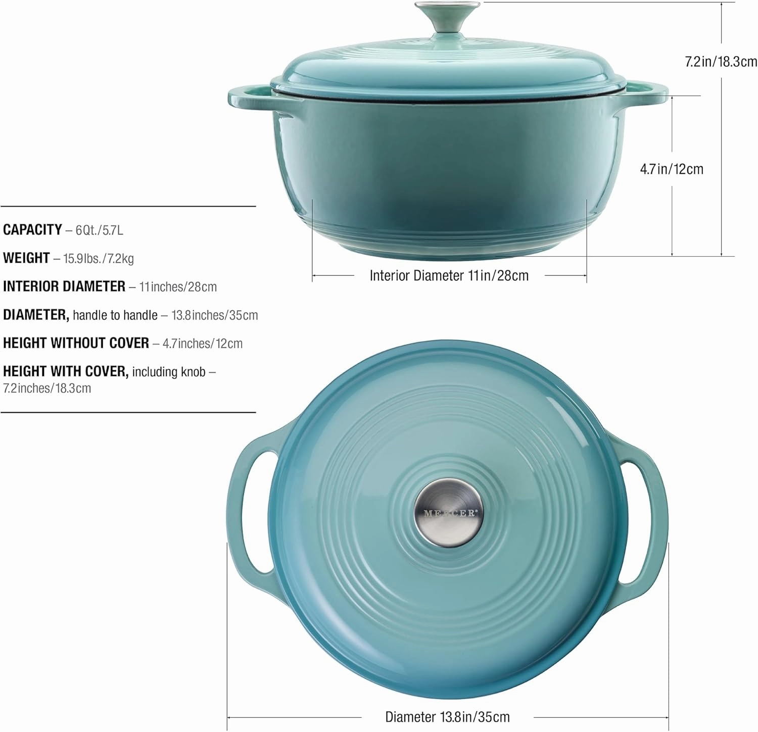 Mercer Culinary Enameled Cast Iron Round Dutch Oven, 6 qt., Aqua
