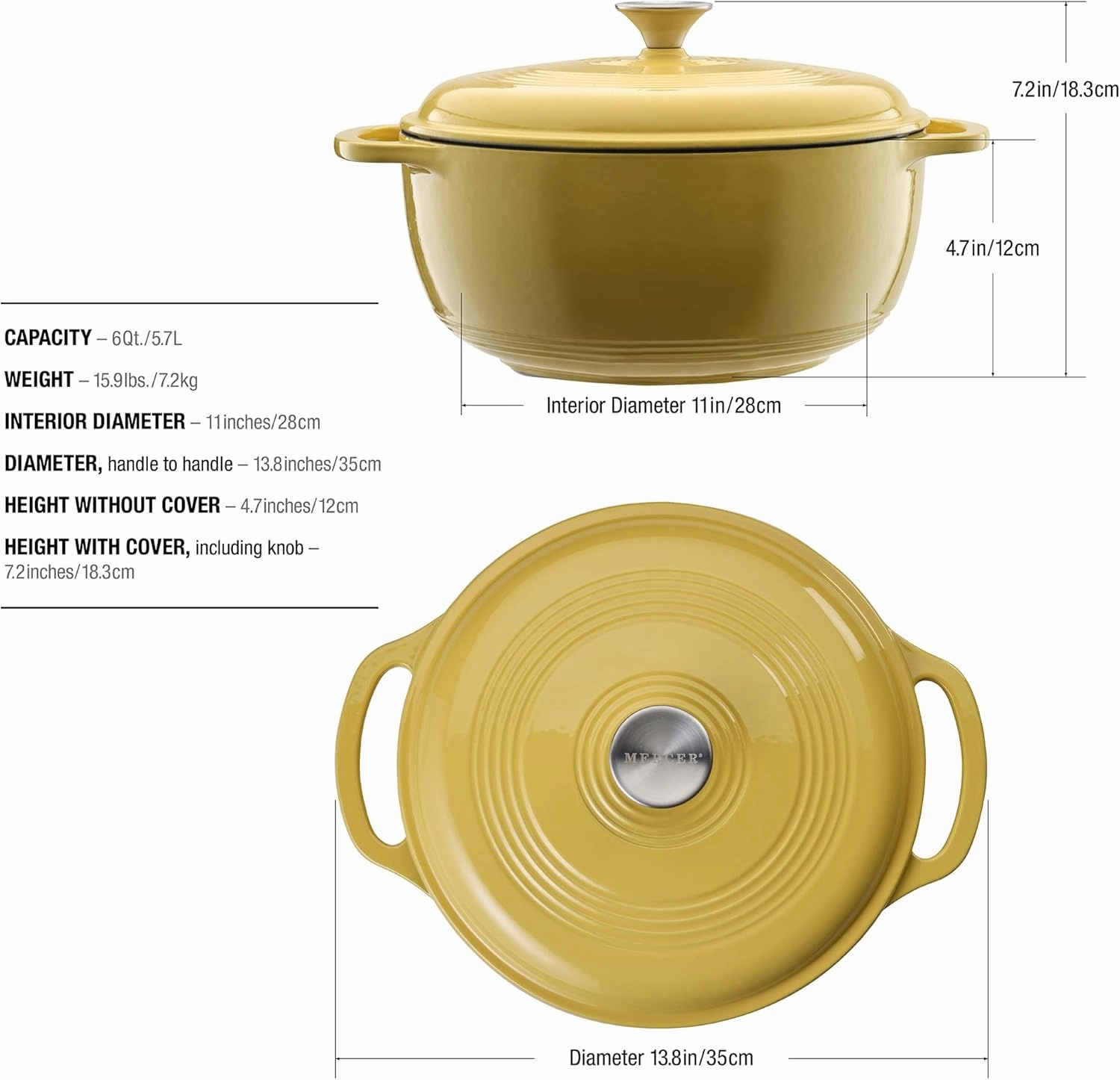 Mercer Culinary Enameled Cast Iron Round Dutch Oven, 6 qt., Canary