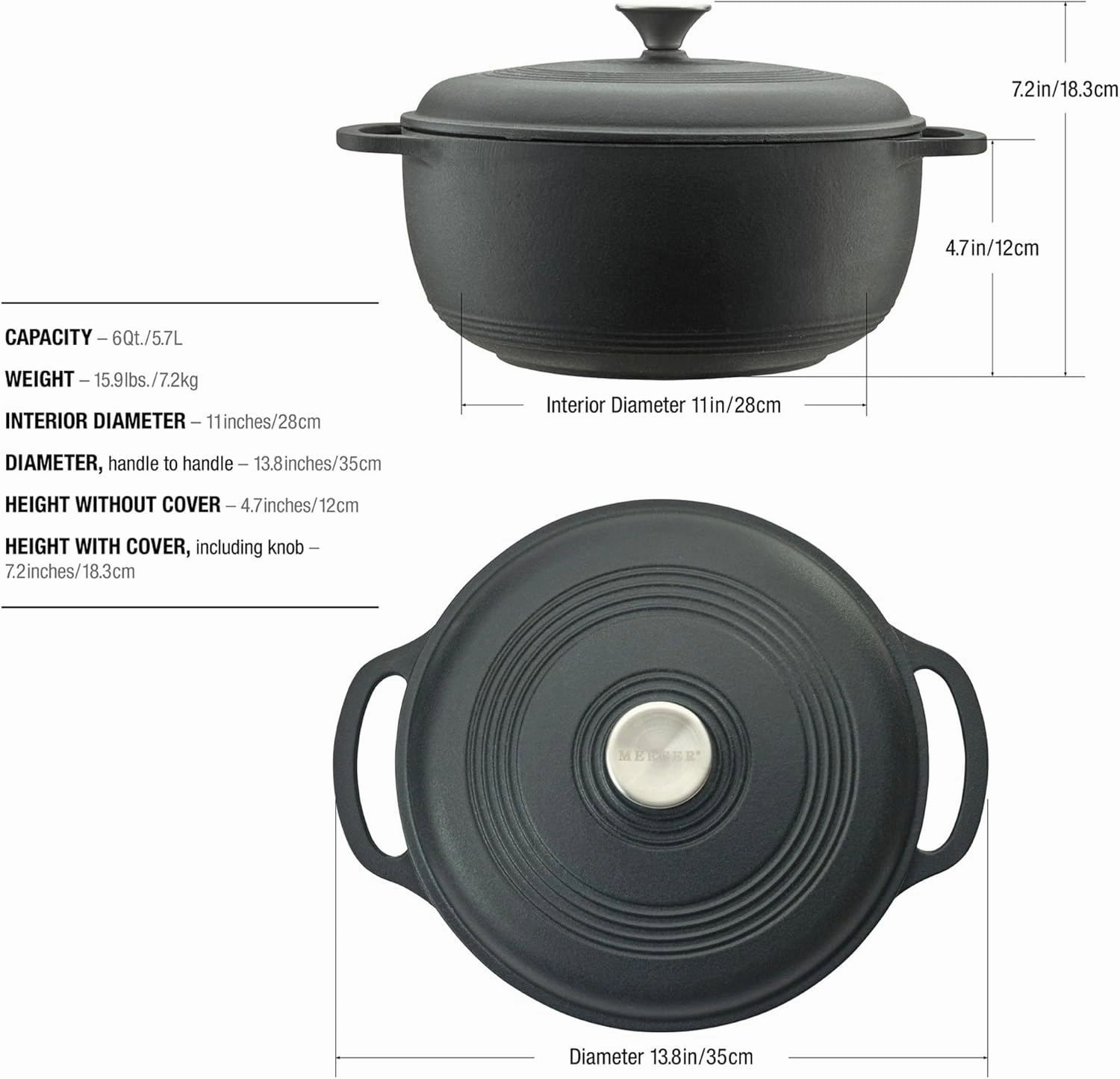 Mercer Culinary Enameled Cast Iron Round Dutch Oven, 6 qt., Matte Black