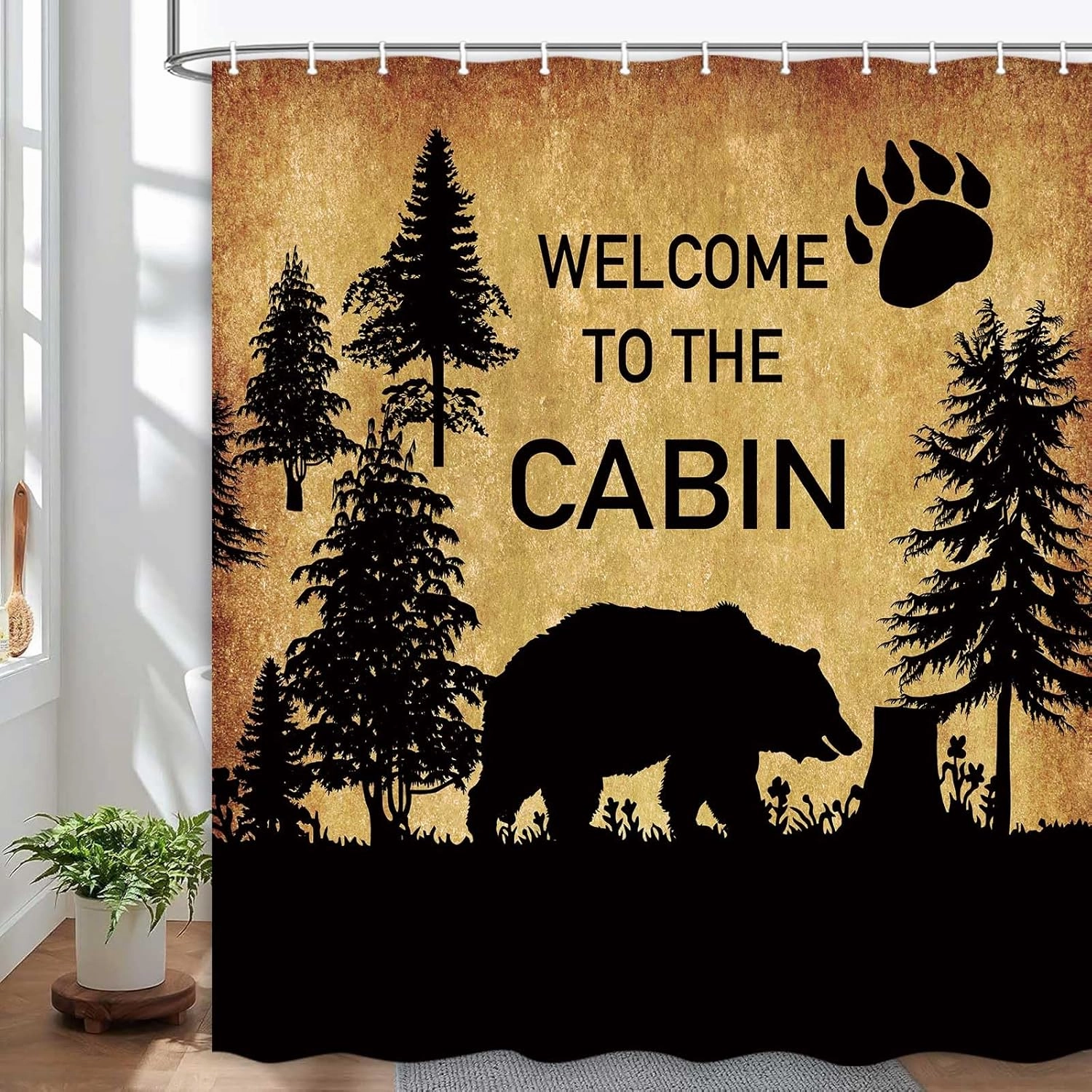 MERCHR Country Style Bear Shower Curtain, Wild Animal Forest Decor Rustic Cabin Shower Curtains Bathroom Waterproof Cloth 71 X 71 Inch, Hooks Included