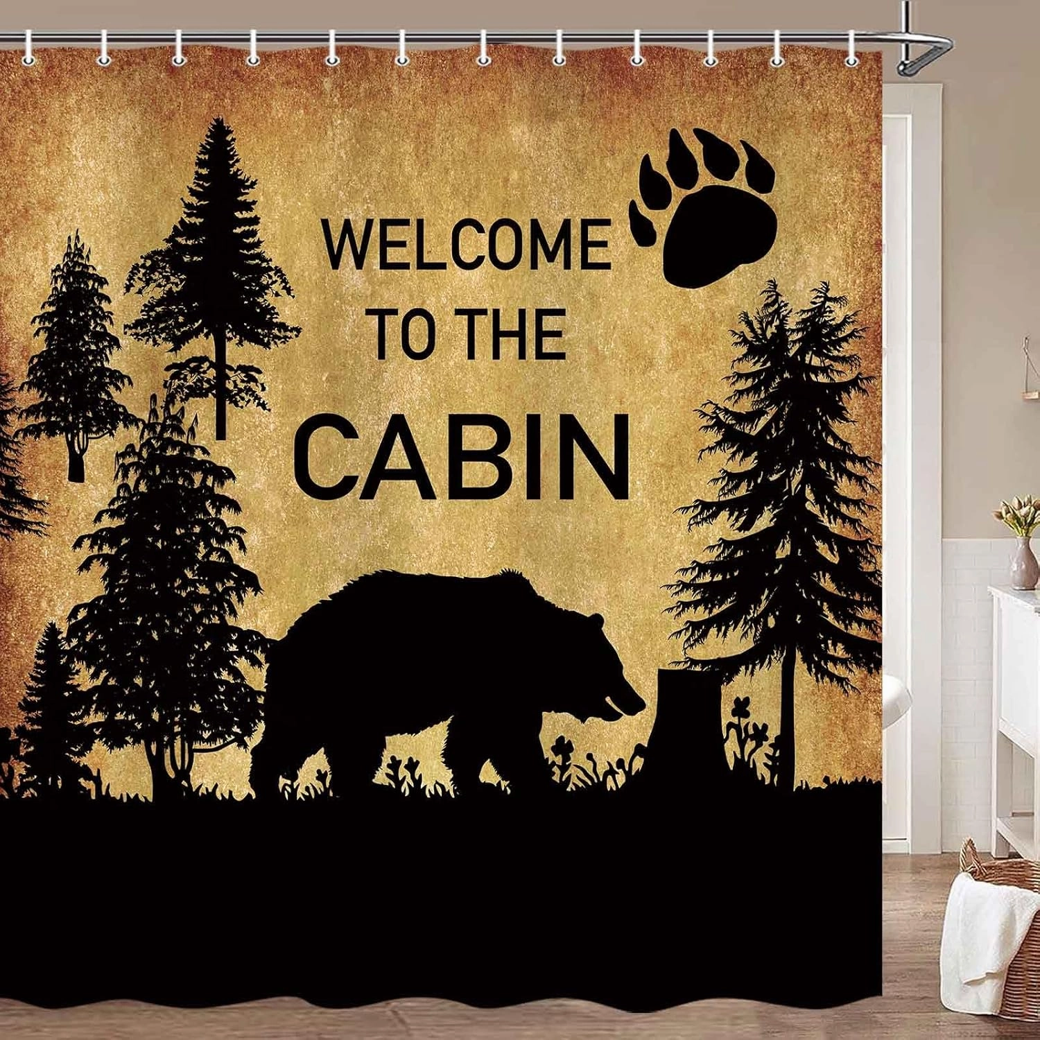 MERCHR Country Style Bear Shower Curtain, Wild Animal Forest Decor Rustic Cabin Shower Curtains Bathroom Waterproof Cloth 71 X 71 Inch, Hooks Included