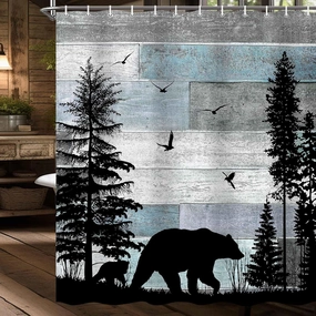 MERCHR Rustic Cabin Shower Curtain, Farmhouse Country Bear Forest Vintage Wood Decor Bath Curtain, Hunting Camping Waterproof Fabric Bathroom Accessories Set with Hooks 71x71 Inches