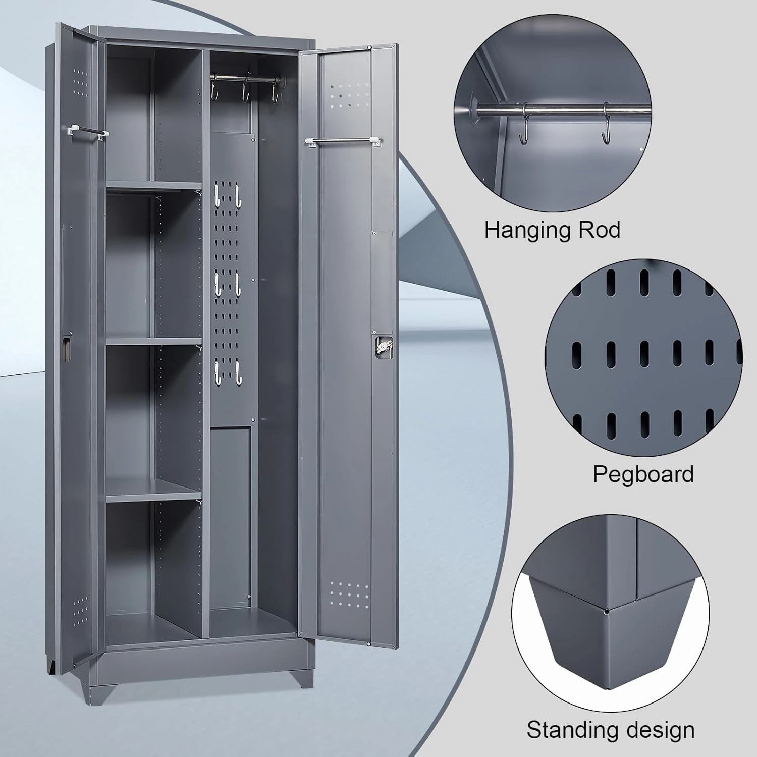 Metal Storage Cabinet with Doors, Tall Storage Cabinet, 65" H Steel Tool Cabinet for Brooms and Mops, Metal Locker with Pegboards and Hanging Rod for Garages, Laundry, Gym