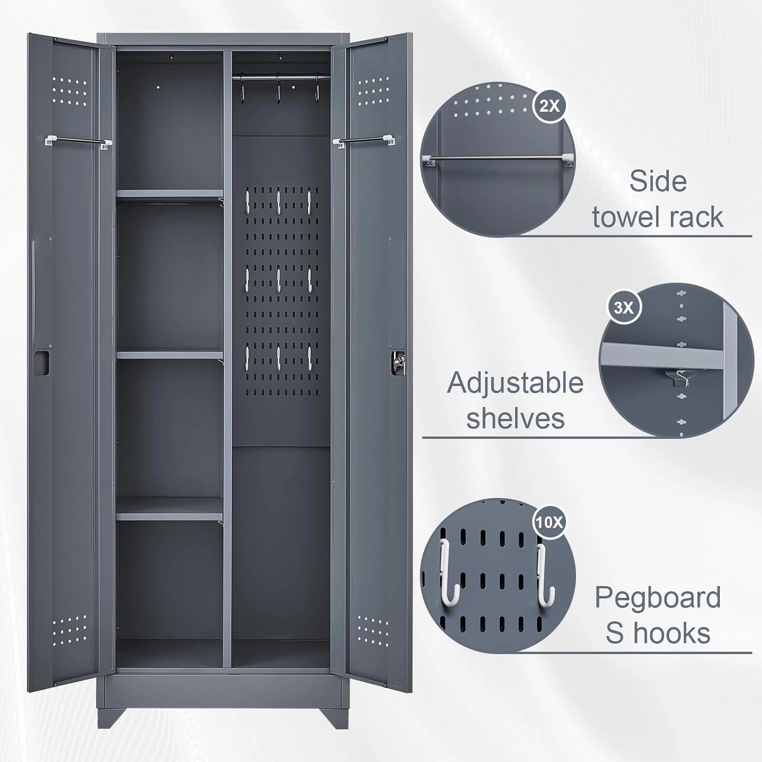 Metal Storage Cabinet with Doors, Tall Storage Cabinet, 65" H Steel Tool Cabinet for Brooms and Mops, Metal Locker with Pegboards and Hanging Rod for Garages, Laundry, Gym