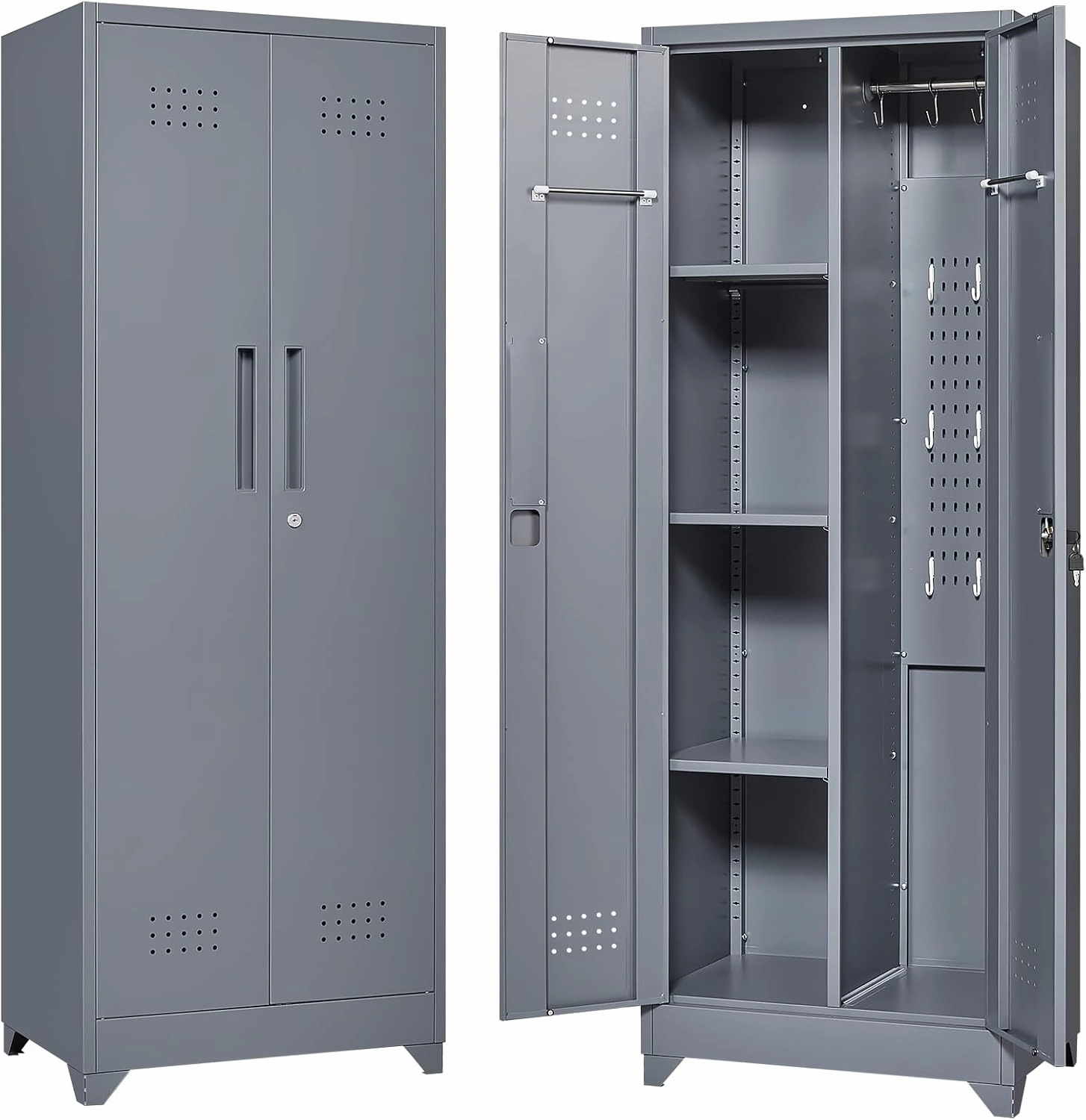 Metal Storage Cabinet with Doors, Tall Storage Cabinet, 65" H Steel Tool Cabinet for Brooms and Mops, Metal Locker with Pegboards and Hanging Rod for Garages, Laundry, Gym