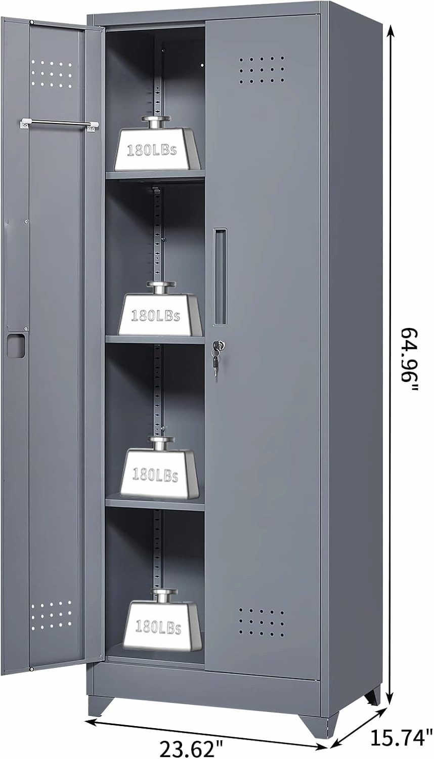 Metal Storage Cabinet with Doors, Tall Storage Cabinet, 65" H Steel Tool Cabinet for Brooms and Mops, Metal Locker with Pegboards and Hanging Rod for Garages, Laundry, Gym