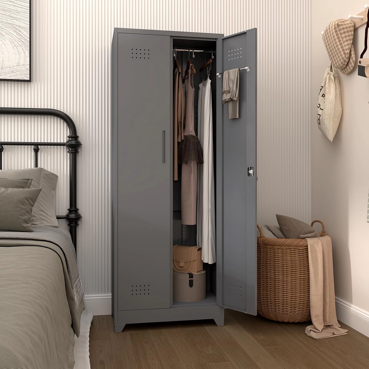 Metal Storage Cabinet with Doors, Tall Storage Cabinet, 65" H Steel Tool Cabinet for Brooms and Mops, Metal Locker with Pegboards and Hanging Rod for Garages, Laundry, Gym