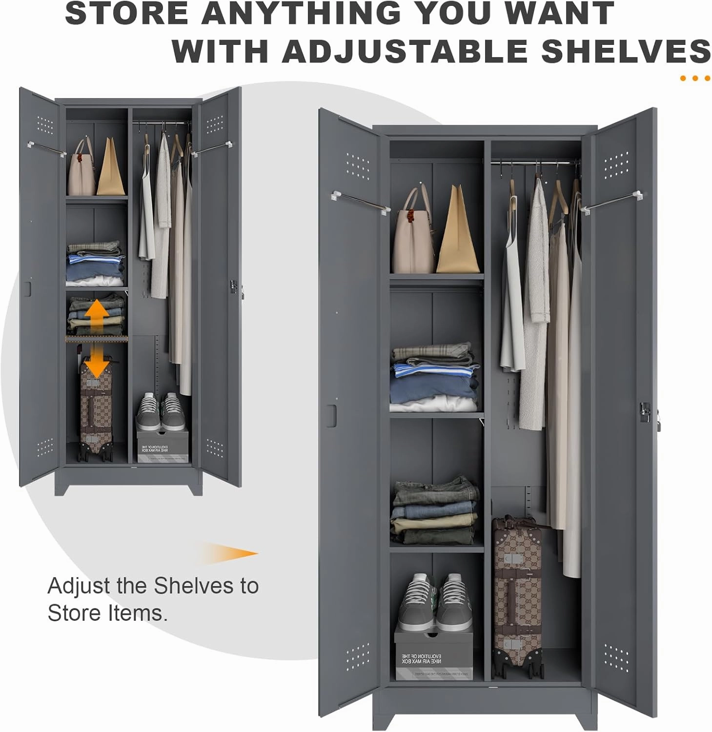 Metal Storage Cabinet with Doors, Tall Storage Cabinet, 65" H Steel Tool Cabinet for Brooms and Mops, Metal Locker with Pegboards and Hanging Rod for Garages, Laundry, Gym