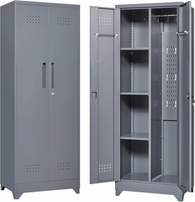 Metal Storage Cabinet with Doors, Tall Storage Cabinet, 65" H Steel Tool Cabinet for Brooms and Mops, Metal Locker with Pegboards and Hanging Rod for Garages, Laundry, Gym