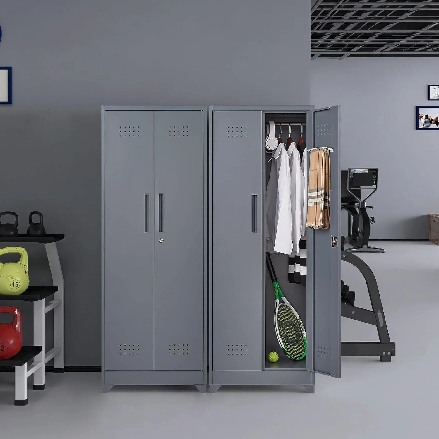 Metal Storage Cabinet with Doors, Tall Storage Cabinet, 65" H Steel Tool Cabinet for Brooms and Mops, Metal Locker with Pegboards and Hanging Rod for Garages, Laundry, Gym