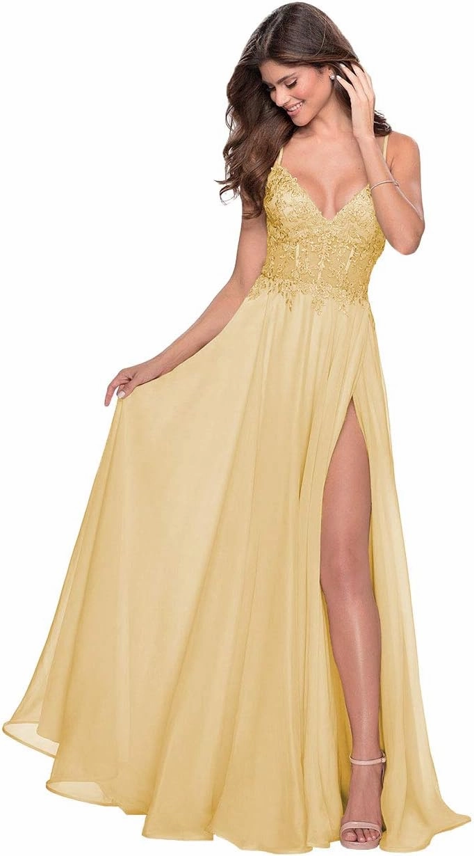 Miao Duo Women's Lace Appliqued Chiffon Prom Dresses Long with Slit Spaghetti Straps V Neck Formal Party Gowns YZTS027