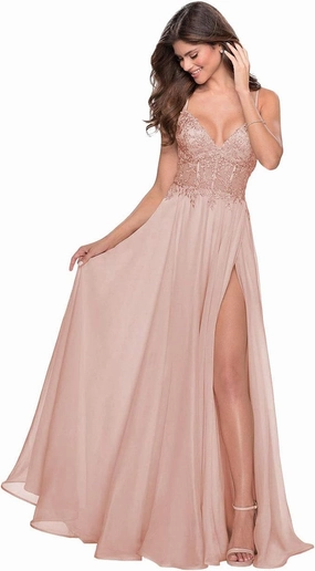 Miao Duo Women's Lace Appliqued Chiffon Prom Dresses Long with Slit Spaghetti Straps V Neck Formal Party Gowns YZTS027