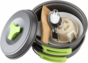 Milisten 10Pcs Outdoor Camping Cookware Set Lightweight Anodized Pot Pan and Bowl Kit for Persons for Hiking Backpacking and Picnics Green Handle