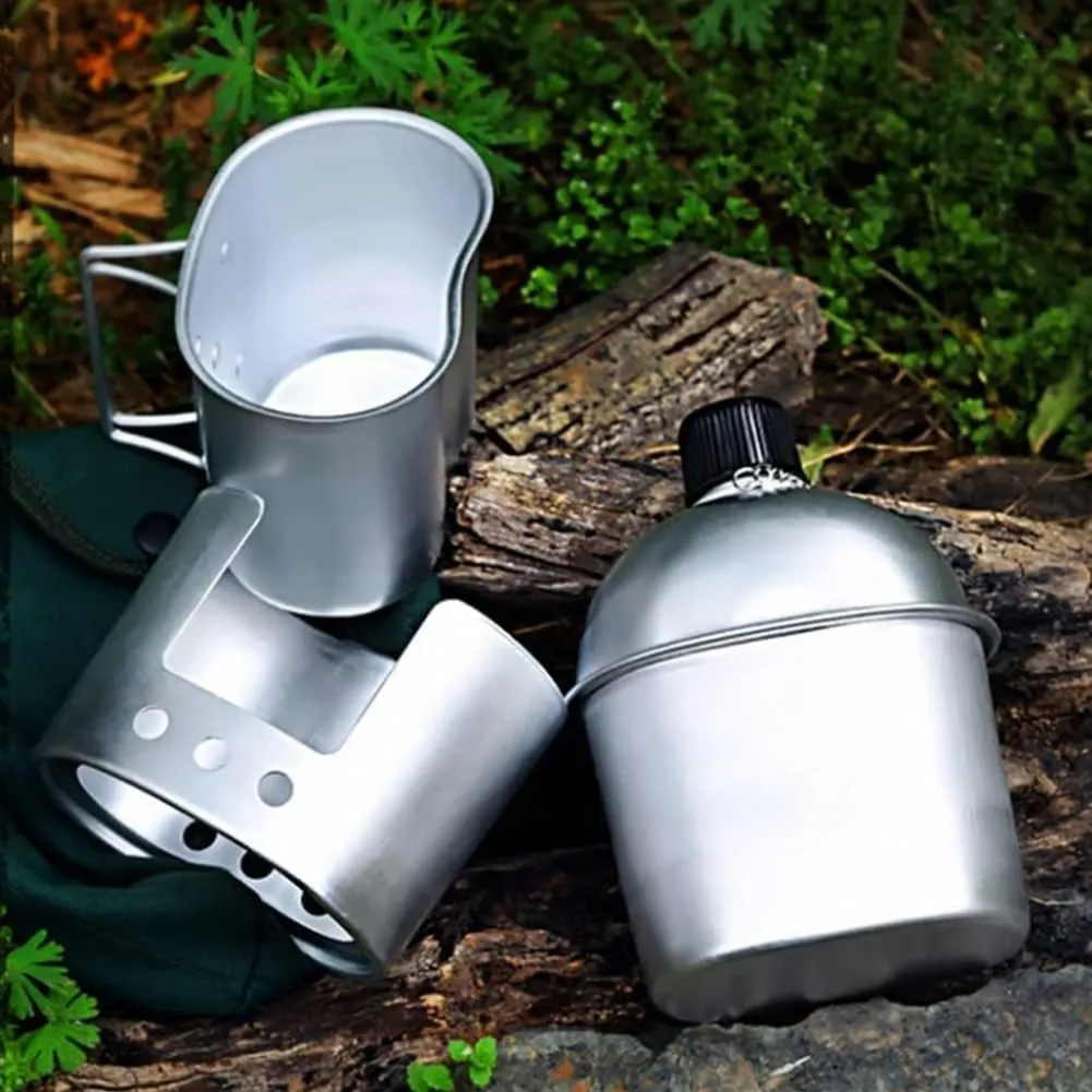 Military Mess Kit Stainless Steel Canteen Cup Tactical Survival Gear 4-Piece Set – Compact Durable & Portable for Camping Hiking Outdoor Adventures