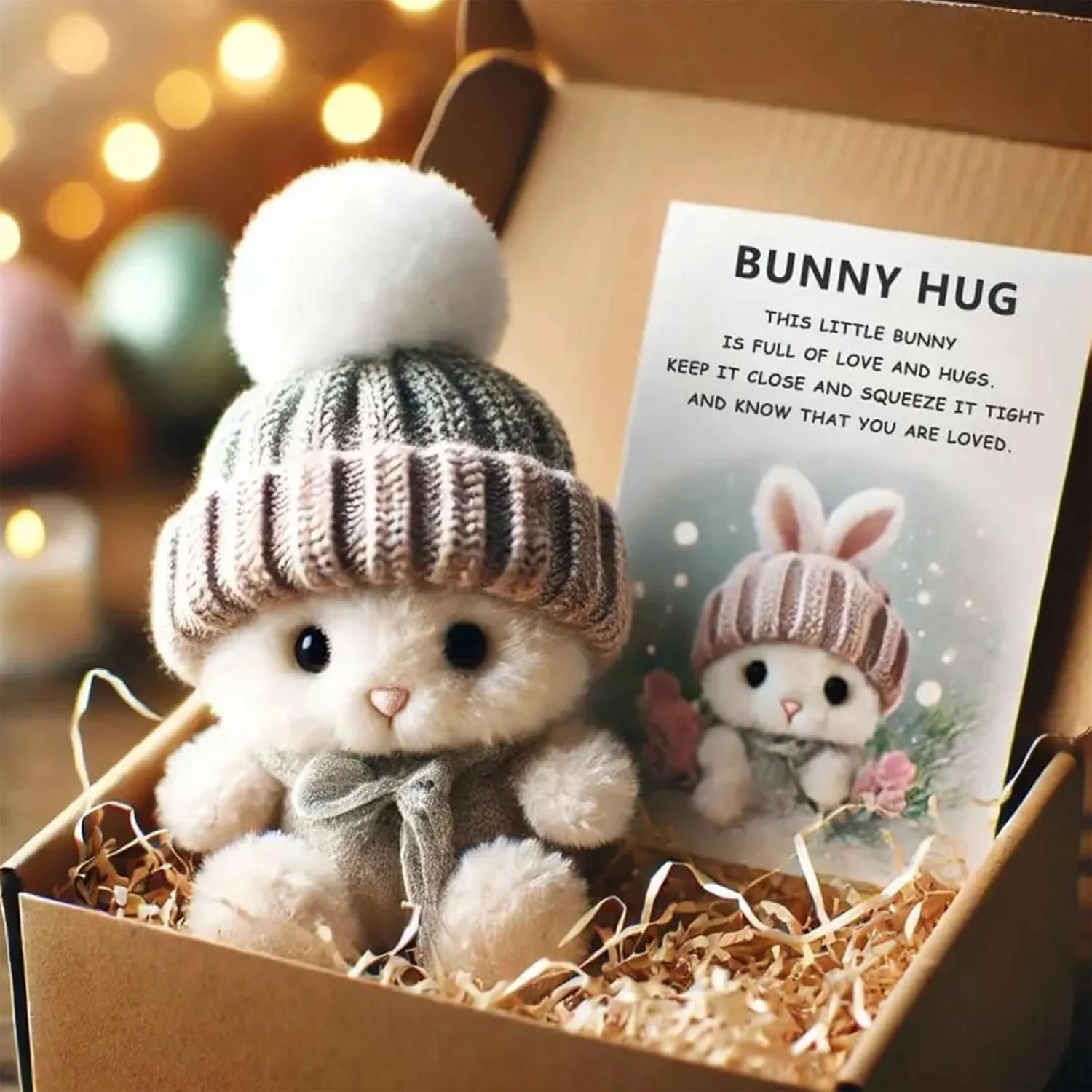 Mini Bunny Hug Cute Easter Gift, Easter Plush Bunny with Knitted Hat and Pom Pom, Soft Pocket Emotional Support Rabbit with Gift Box & Card, 2025 Emotional Support Stuffed Animal(A)