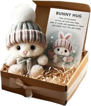 Mini Bunny Hug Cute Easter Gift, Easter Plush Bunny with Knitted Hat and Pom Pom, Soft Pocket Emotional Support Rabbit with Gift Box & Card, 2025 Emotional Support Stuffed Animal(A)