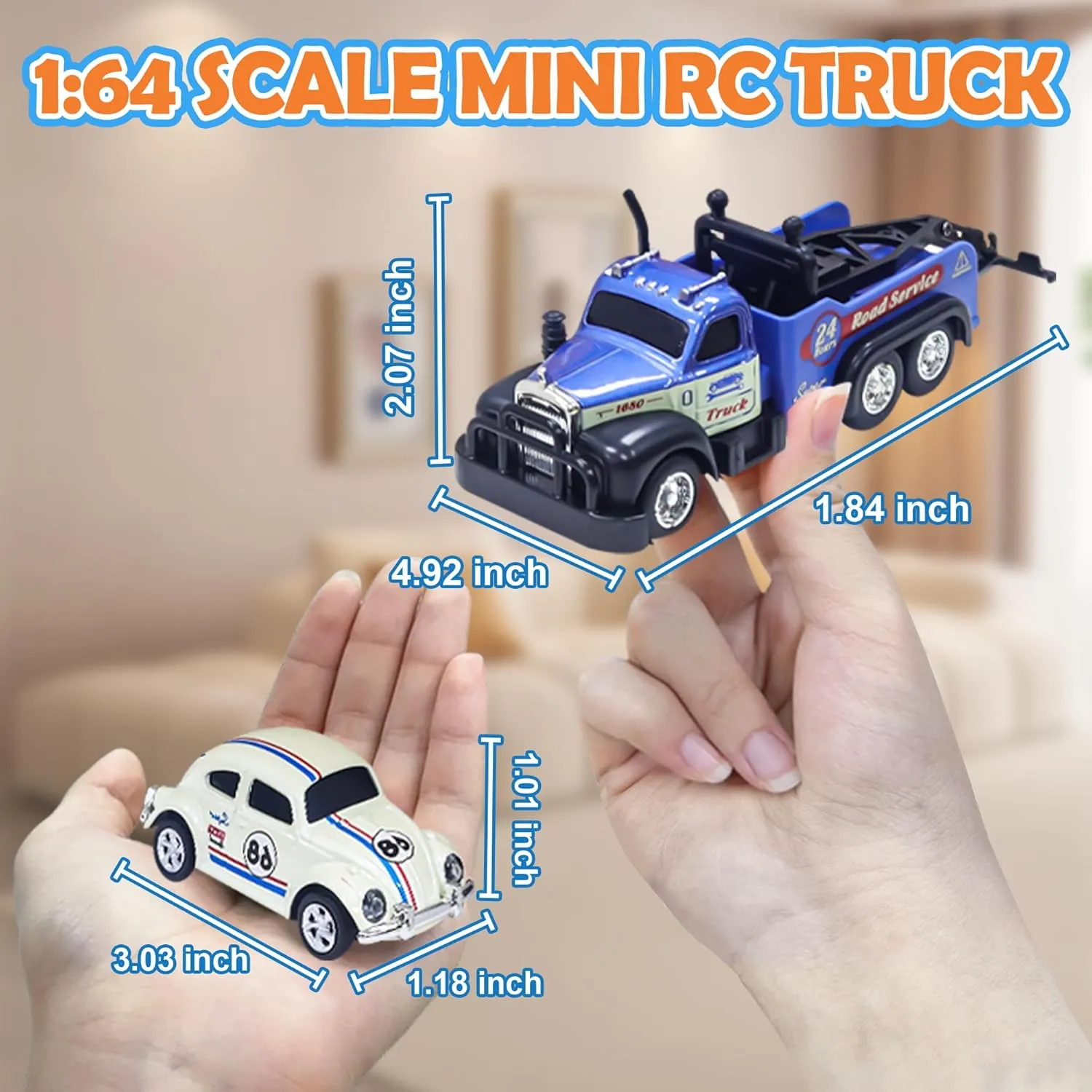Mini RC Truck, 1/64 Scale Tow Truck Toy Remote Control Car with Lights, Mini Alloy Monster Trucks, 2.4GHz Remote & APP Control, Adjustable Speed & Steering (Dark Blue)