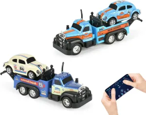 Mini RC Truck, 2PCS 1/64 Scale Tow Truck Toy Remote Control Car with Lights, Mini Alloy Monster Trucks, 2.4GHz Remote & APP Control, Adjustable Speed & Steering (Blue & Dark Blue)