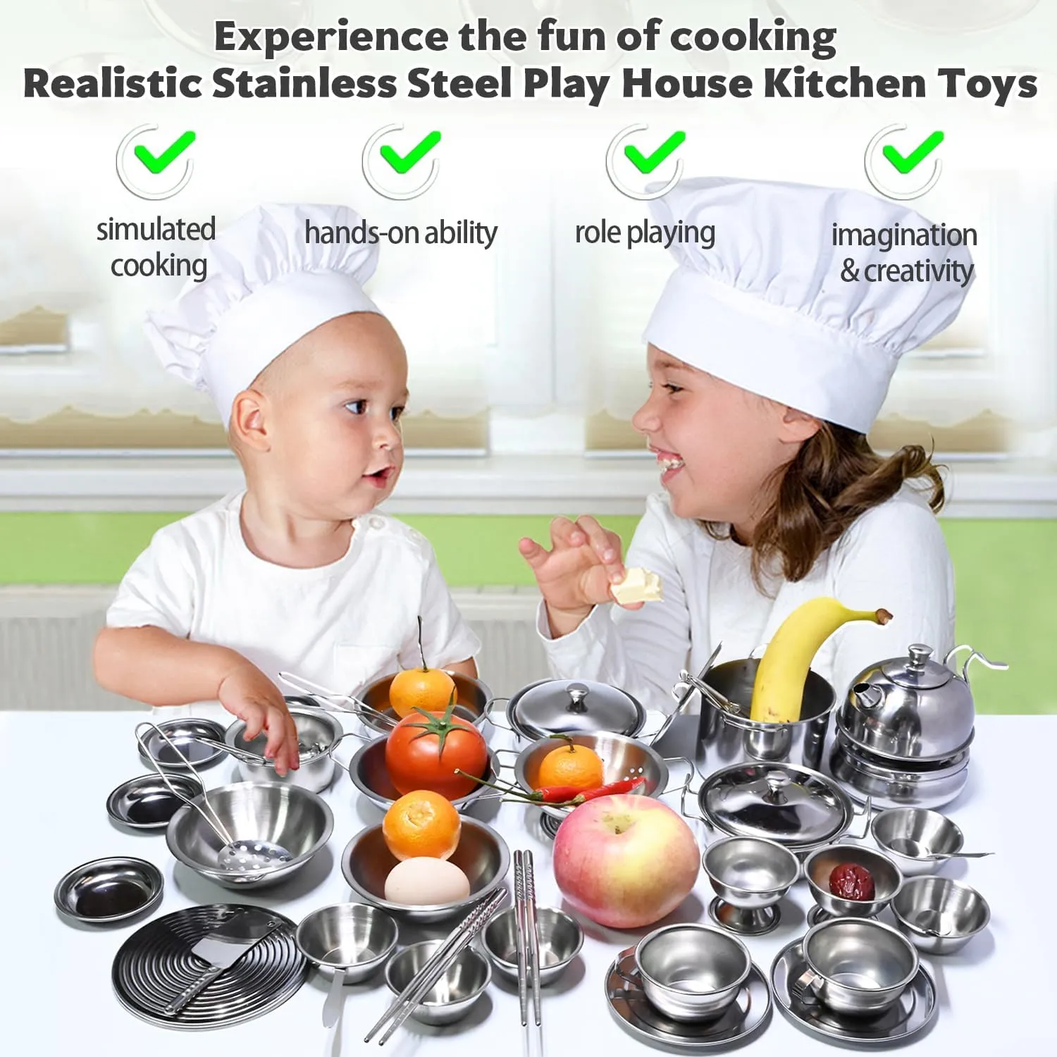 Mini Size Kids Kitchen Pretend Play Toys Accessories with Stainless Steel Cookware Pots and Pans Set,Classic Kitchen Accessories Cooking Utensils Set Tiny Role Play Cooking Play Toy for Kids Toddlers