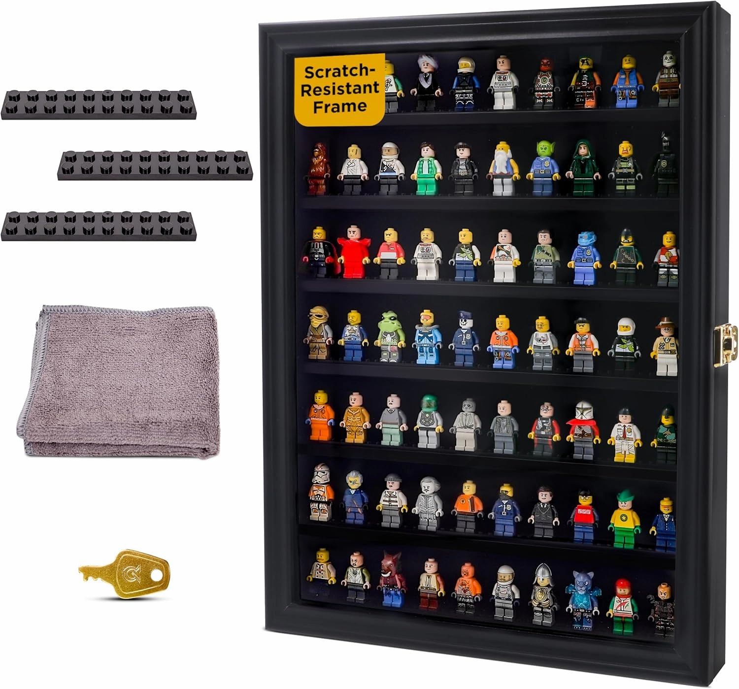Minifigure Display Case - Collectible Toy Minifigure, Action Figure Display Cabinet - Wall Mount Lockable Showcase - Includes Foot Supports and Microfiber Cloths - Black