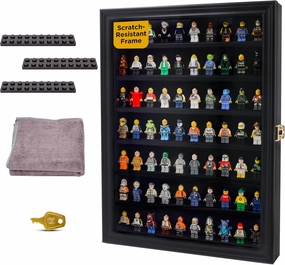 Minifigure Display Case - Collectible Toy Minifigure, Action Figure Display Cabinet - Wall Mount Lockable Showcase - Includes Foot Supports and Microfiber Cloths - Black