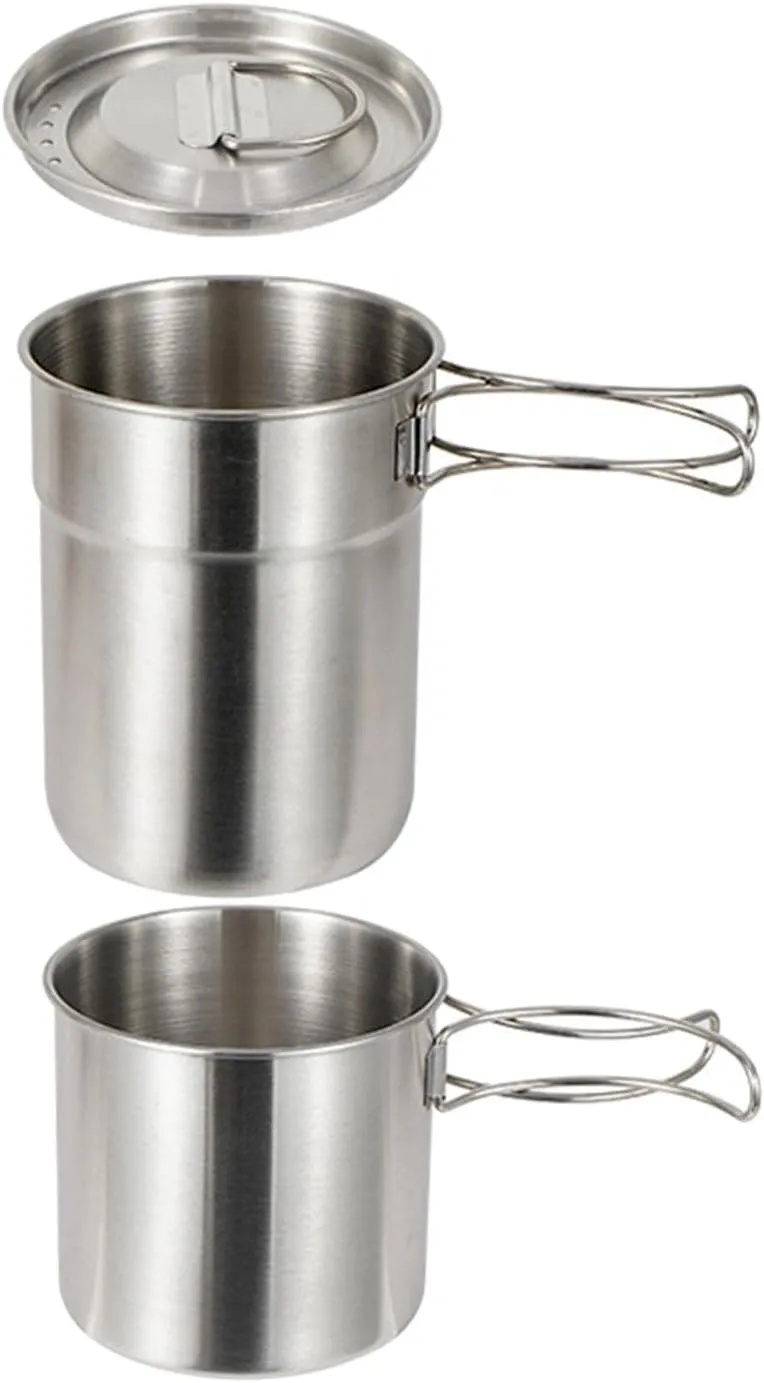 misppro Portable 2X Stainless Steel Camping Cup Kit w/Folding Handles for Outdoor Cooking Backpacking Hiking Travel