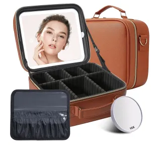 Mocado Travel Makeup Bag with LED Lighted Mirror, Travel Makeup Organizer, Makeup Case with 3 Color Lighted Setting and 10x Magnifying Mirror, Portable Storage and Adjustable Dividers(Orange Brown)