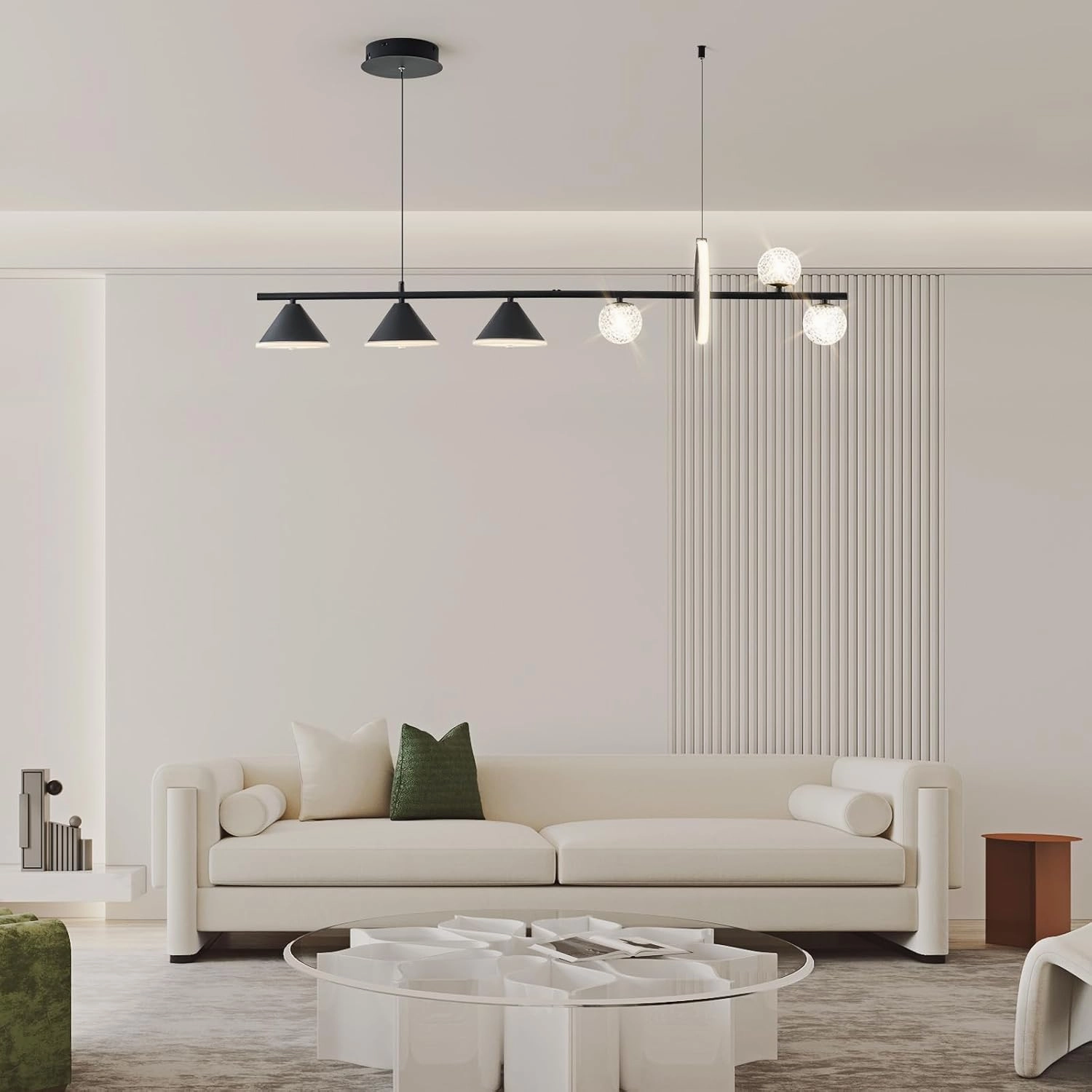 Modern LED Pendant Lights, Dimmable 47in Linear Globe LED Chandelier Lighting, Black Dining Room Hanging Light Fixtures Kitchen Island Globe Pendant Light for Dining Table (1-Ring, 3850lm)