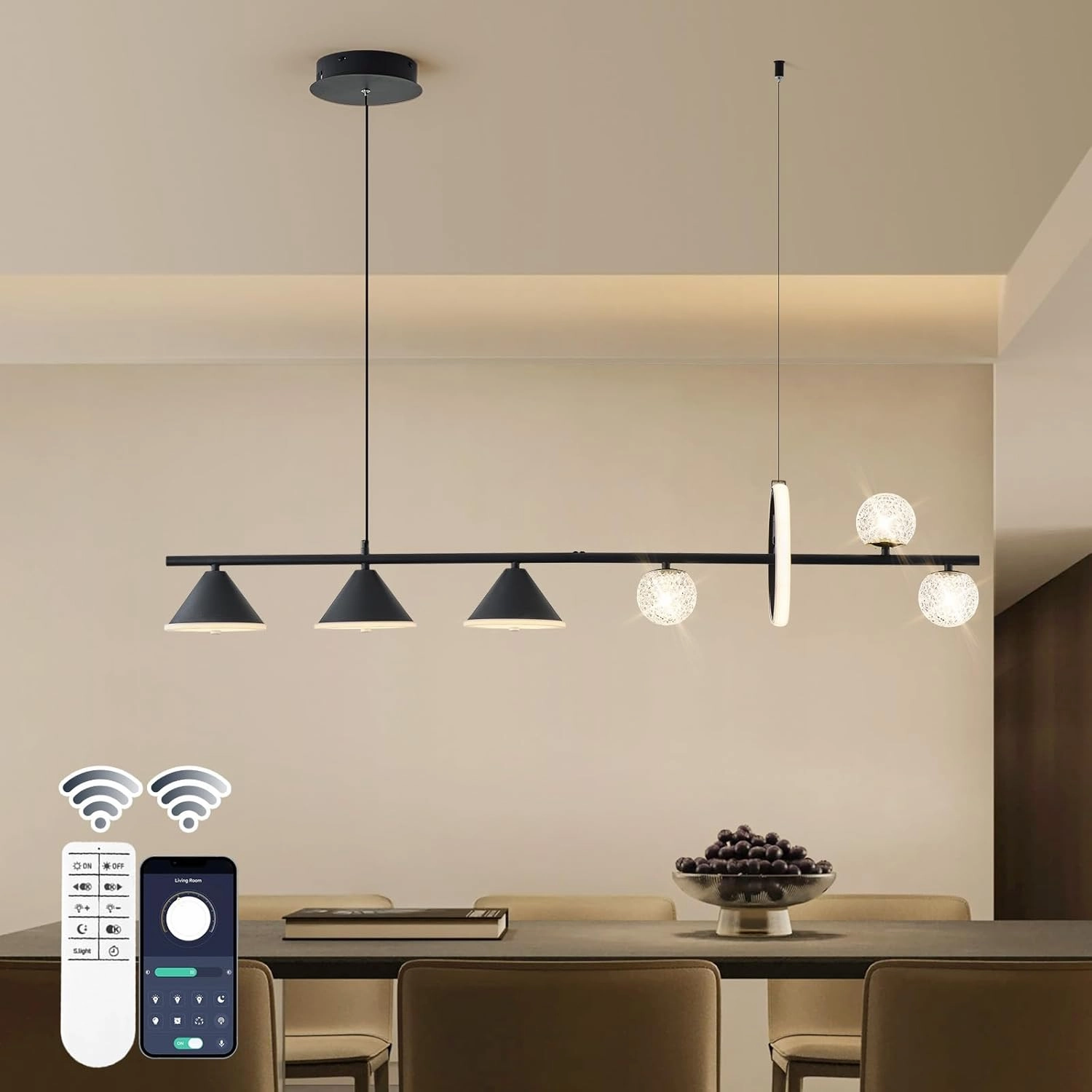 Modern LED Pendant Lights, Dimmable 47in Linear Globe LED Chandelier Lighting, Black Dining Room Hanging Light Fixtures Kitchen Island Globe Pendant Light for Dining Table (1-Ring, 3850lm)