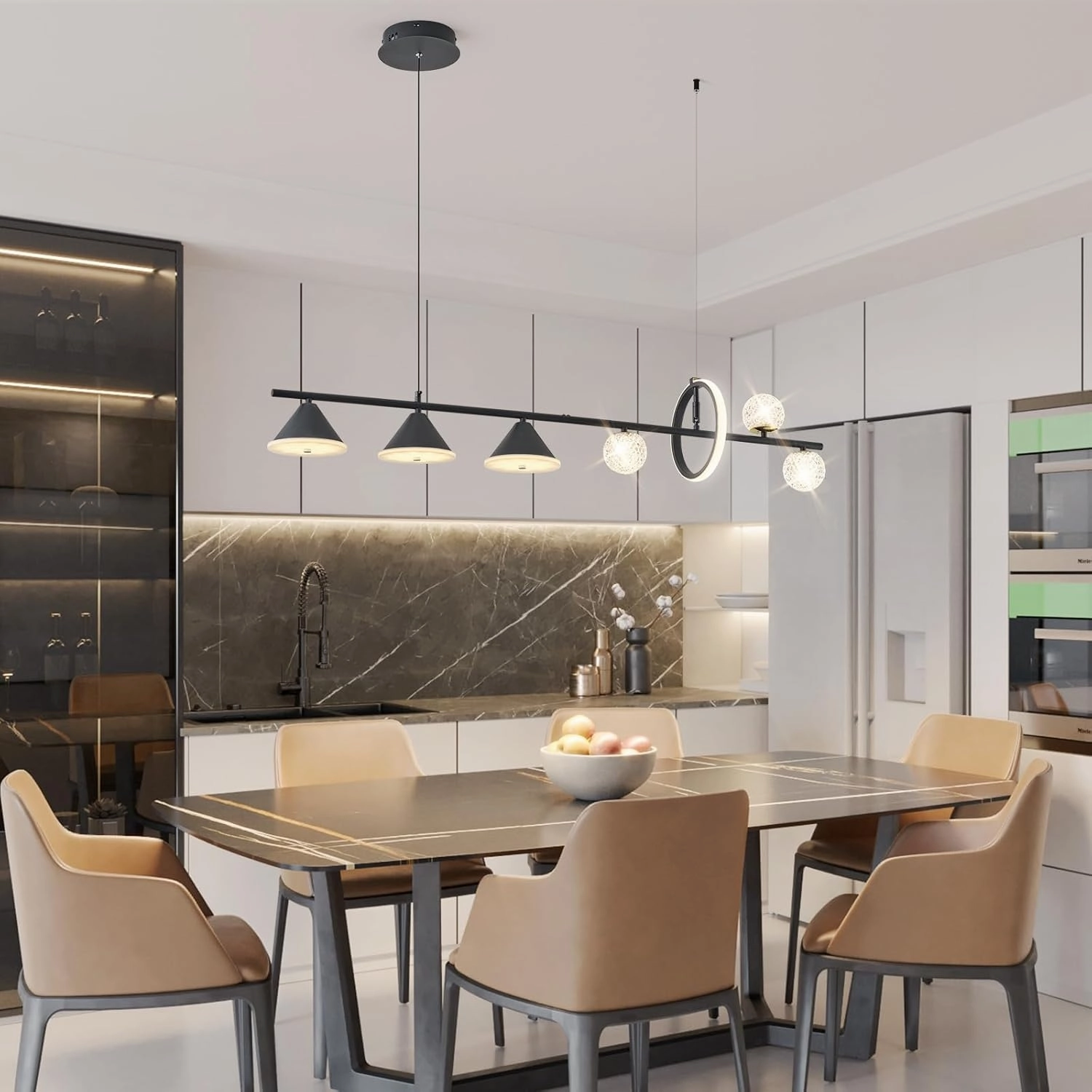Modern LED Pendant Lights, Dimmable 47in Linear Globe LED Chandelier Lighting, Black Dining Room Hanging Light Fixtures Kitchen Island Globe Pendant Light for Dining Table (1-Ring, 3850lm)