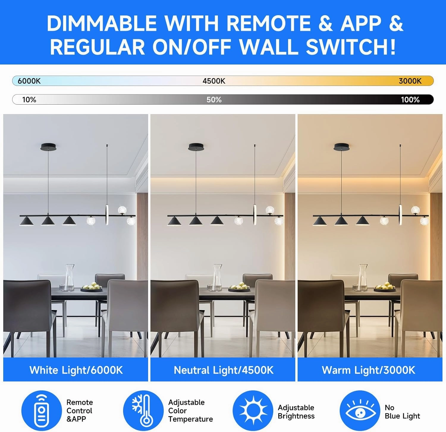 Modern LED Pendant Lights, Dimmable 47in Linear Globe LED Chandelier Lighting, Black Dining Room Hanging Light Fixtures Kitchen Island Globe Pendant Light for Dining Table (1-Ring, 3850lm)