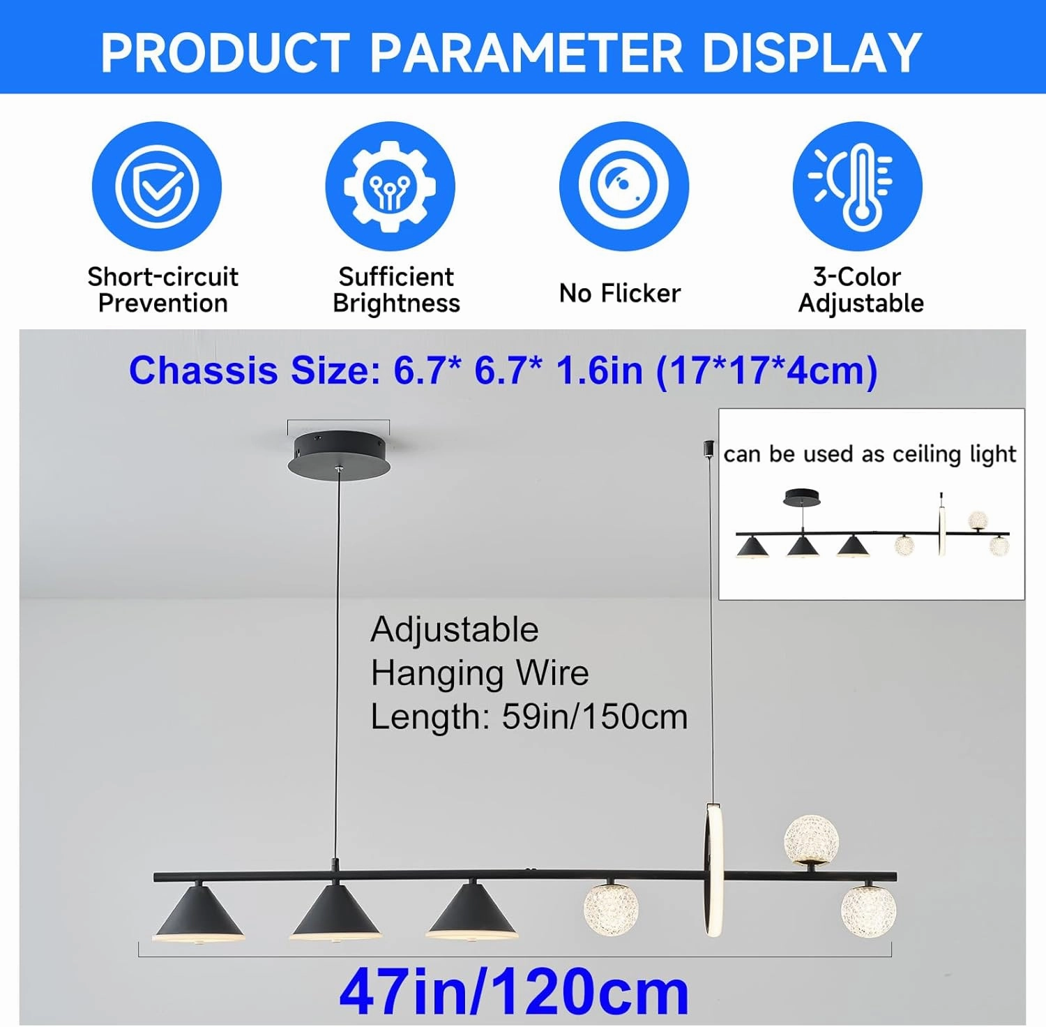 Modern LED Pendant Lights, Dimmable 47in Linear Globe LED Chandelier Lighting, Black Dining Room Hanging Light Fixtures Kitchen Island Globe Pendant Light for Dining Table (1-Ring, 3850lm)