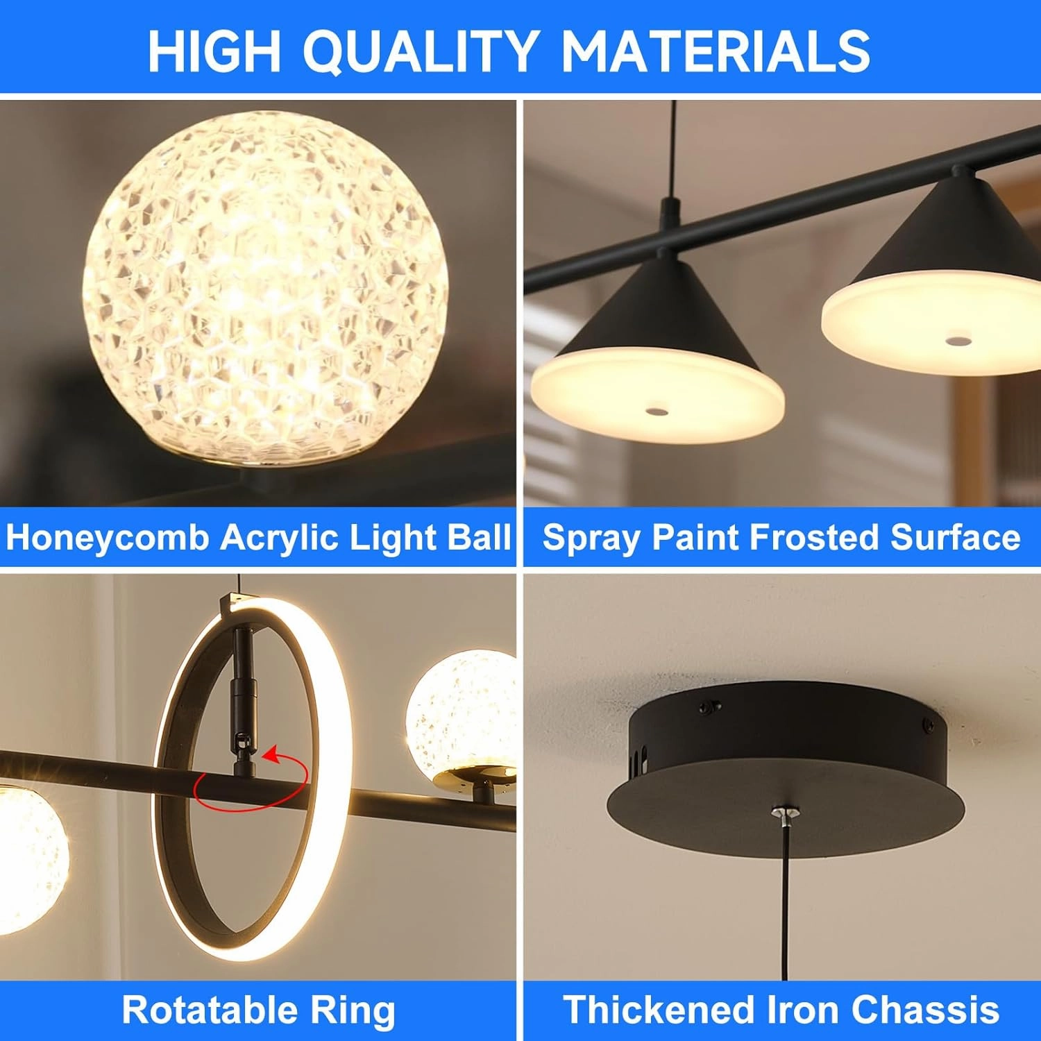 Modern LED Pendant Lights, Dimmable 47in Linear Globe LED Chandelier Lighting, Black Dining Room Hanging Light Fixtures Kitchen Island Globe Pendant Light for Dining Table (1-Ring, 3850lm)