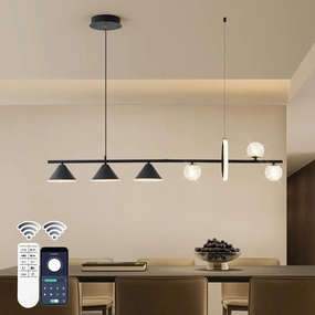 Modern LED Pendant Lights, Dimmable 47in Linear Globe LED Chandelier Lighting, Black Dining Room Hanging Light Fixtures Kitchen Island Globe Pendant Light for Dining Table (1-Ring, 3850lm)