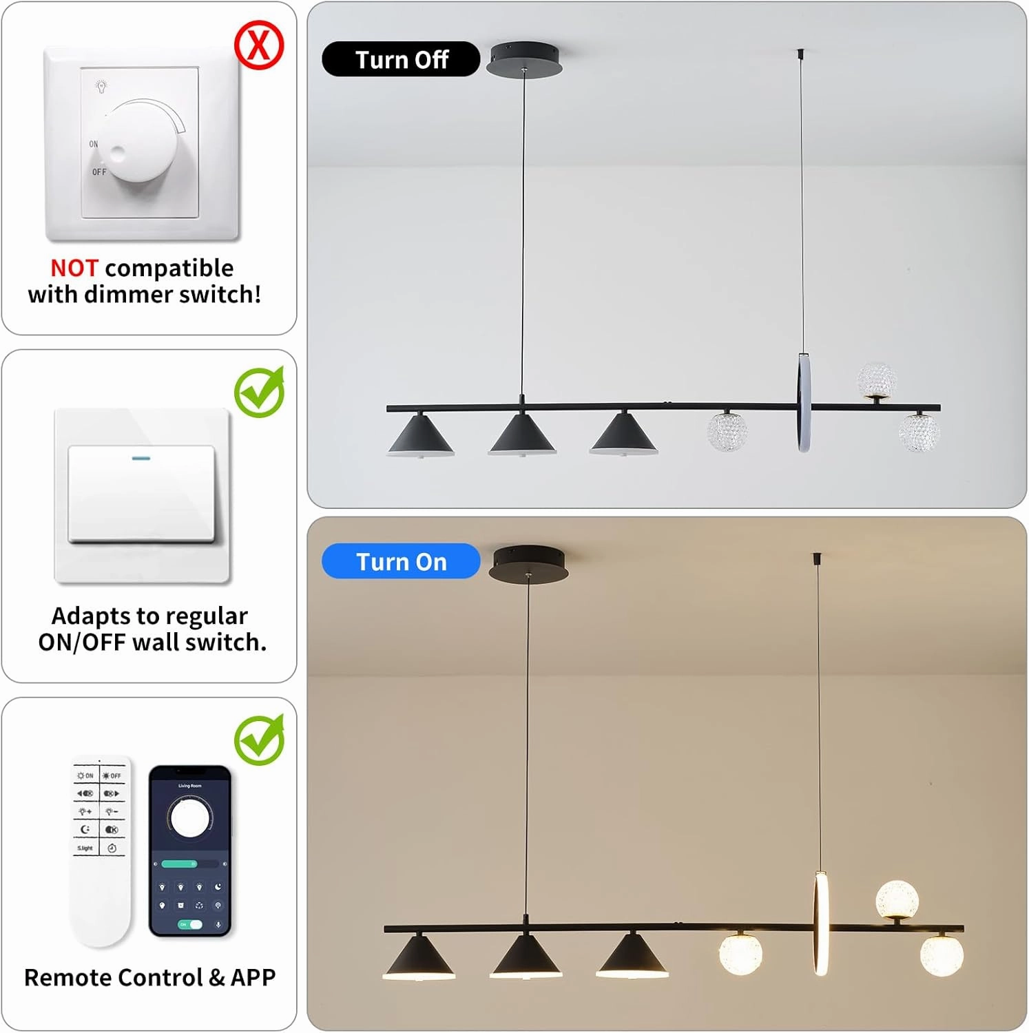 Modern LED Pendant Lights, Dimmable 47in Linear Globe LED Chandelier Lighting, Black Dining Room Hanging Light Fixtures Kitchen Island Globe Pendant Light for Dining Table (1-Ring, 3850lm)