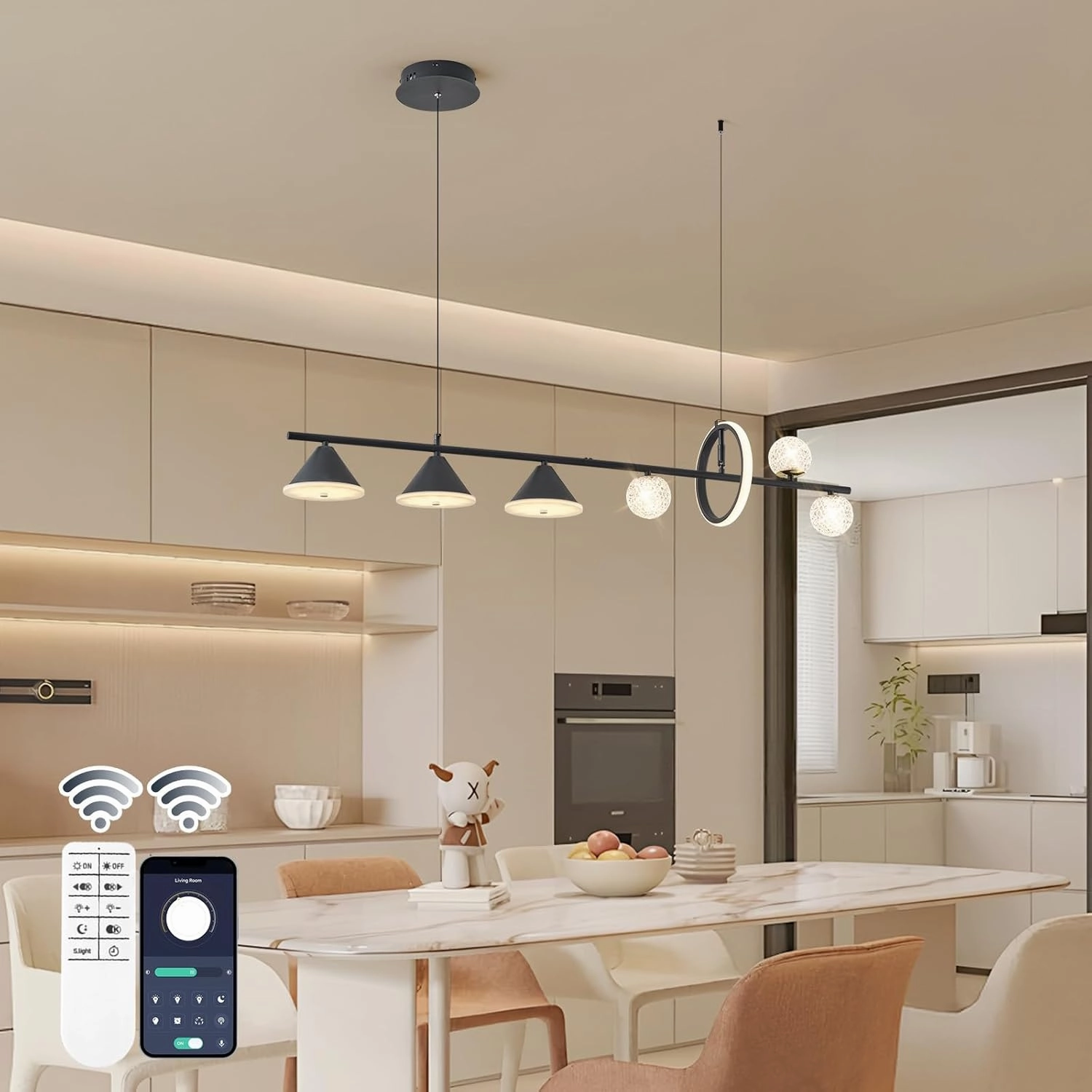 Modern LED Pendant Lights, Dimmable 47in Linear Globe LED Chandelier Lighting, Black Dining Room Hanging Light Fixtures Kitchen Island Globe Pendant Light for Dining Table (1-Ring, 3850lm)