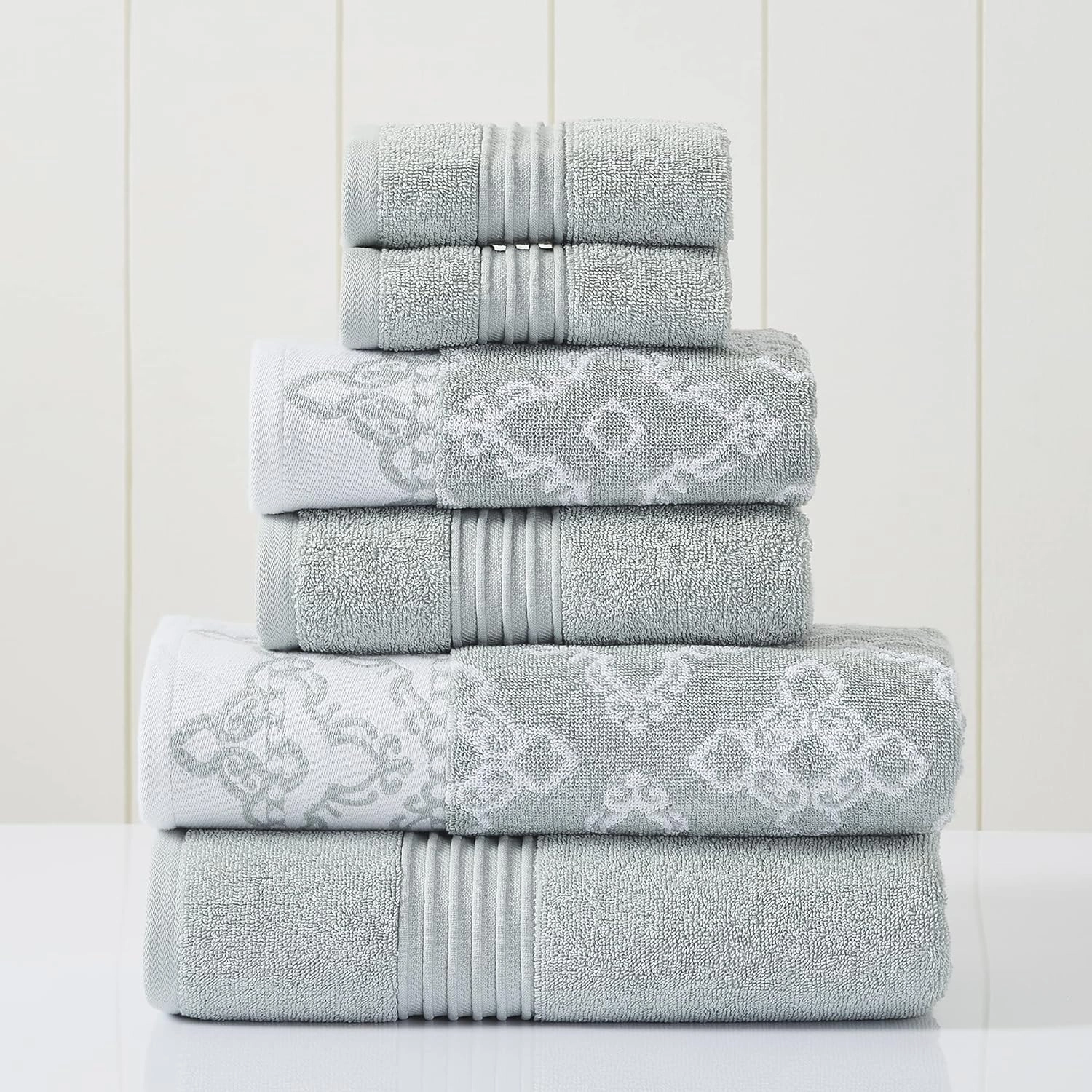 Modern Threads 6 Piece Set, 2 Bath Towels, 2 Hand Towels, 2 Washcloths Yarn Dyed Jacquard/Solid Towel Set Charlize Dark Sage