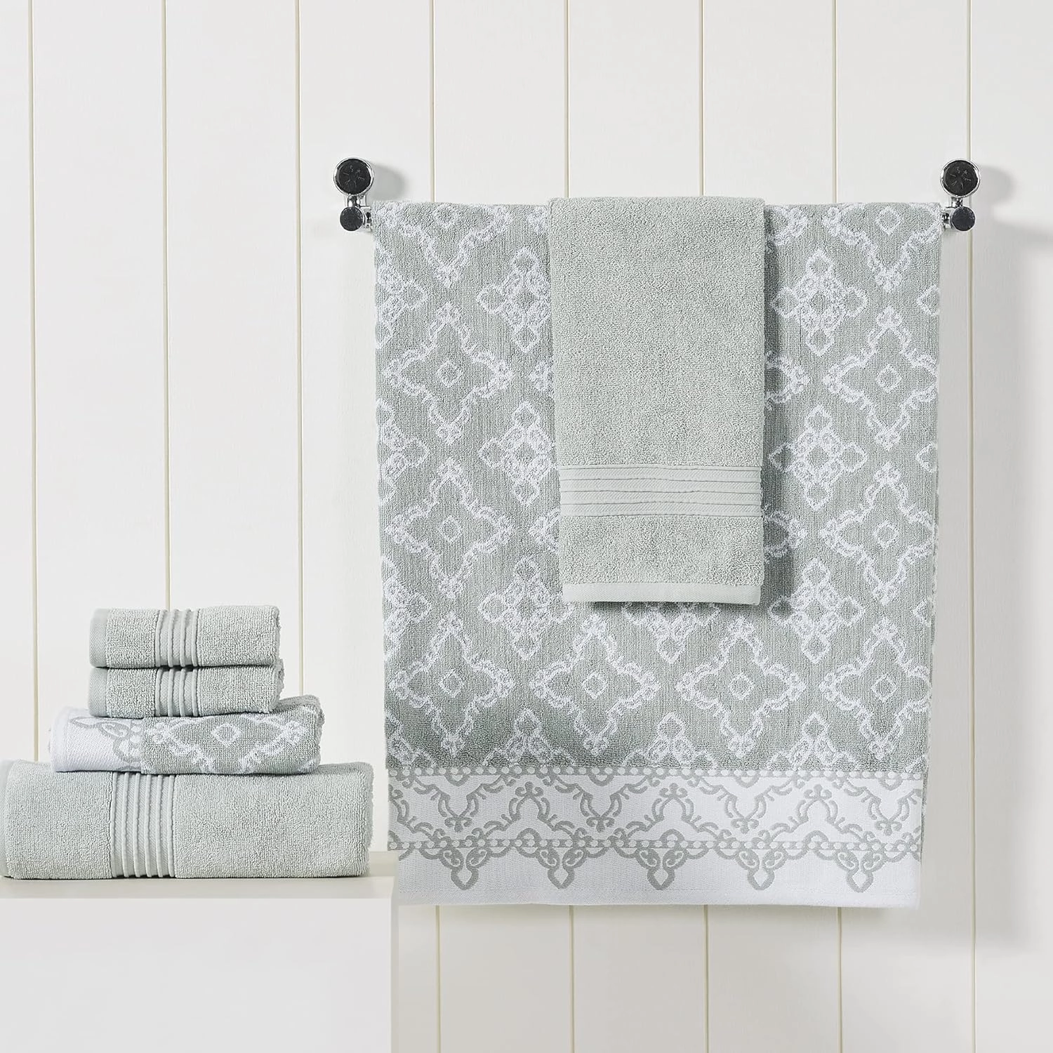 Modern Threads 6 Piece Set, 2 Bath Towels, 2 Hand Towels, 2 Washcloths Yarn Dyed Jacquard/Solid Towel Set Charlize Dark Sage