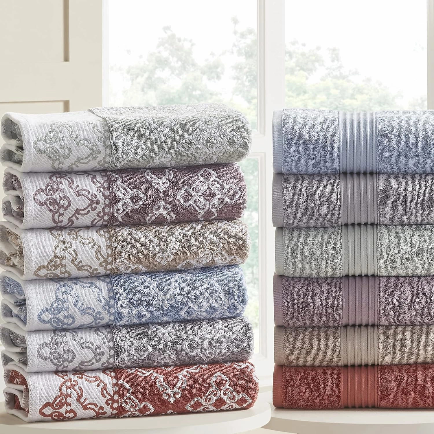 Modern Threads 6 Piece Set, 2 Bath Towels, 2 Hand Towels, 2 Washcloths Yarn Dyed Jacquard/Solid Towel Set Charlize Dark Sage