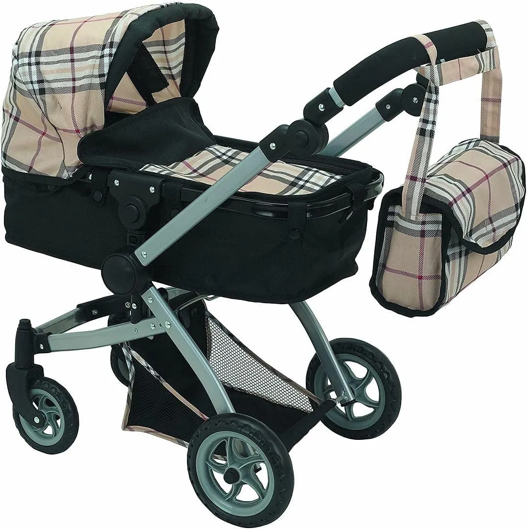 Mommy & Me Babyboo Doll Pram Foldable Doll Stroller with Basket, Convertible Seat, Adjustable Handle, Swiveling Wheels, and Free Carriage Bag - Beige Plaid