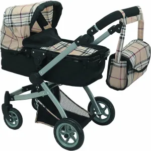 Mommy & Me Babyboo Doll Pram Foldable Doll Stroller with Basket, Convertible Seat, Adjustable Handle, Swiveling Wheels, and Free Carriage Bag - Beige Plaid