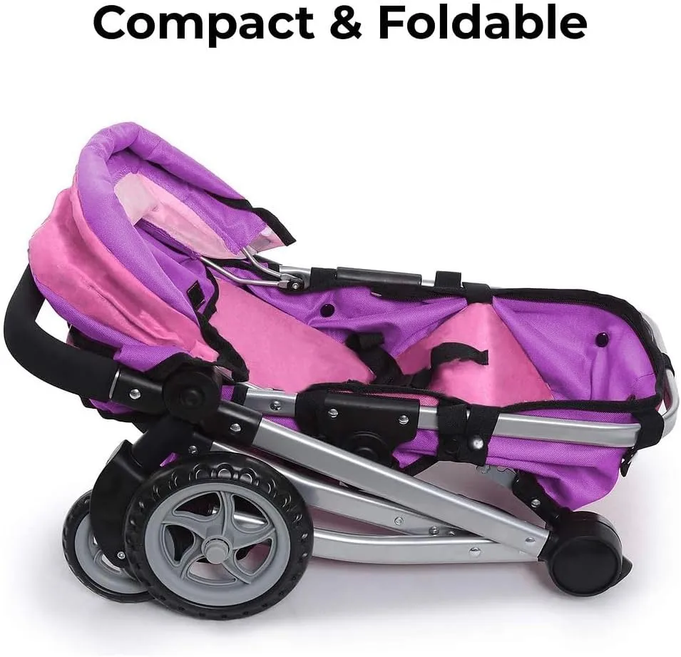 Mommy & Me Foldable Deluxe Toy Baby Doll Stroller with Swiveling Wheels, Adjustable Handle, Convertible Seat, Bassinet, and Diaper Bag