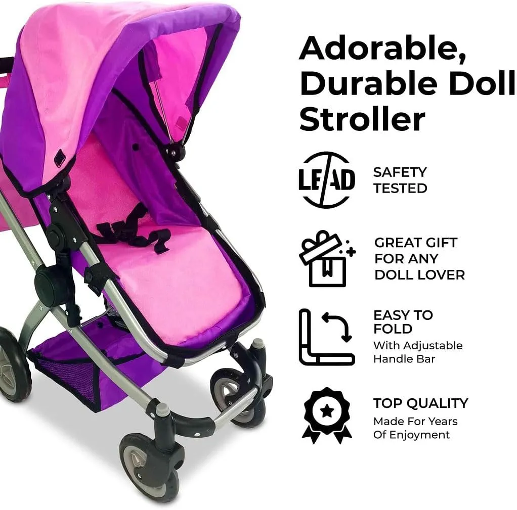 Mommy & Me Foldable Deluxe Toy Baby Doll Stroller with Swiveling Wheels, Adjustable Handle, Convertible Seat, Bassinet, and Diaper Bag