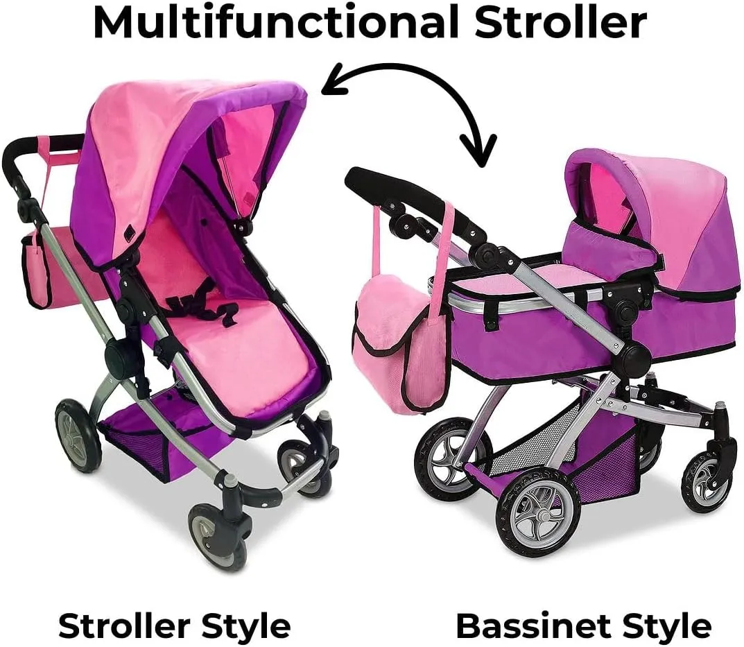 Mommy & Me Foldable Deluxe Toy Baby Doll Stroller with Swiveling Wheels, Adjustable Handle, Convertible Seat, Bassinet, and Diaper Bag