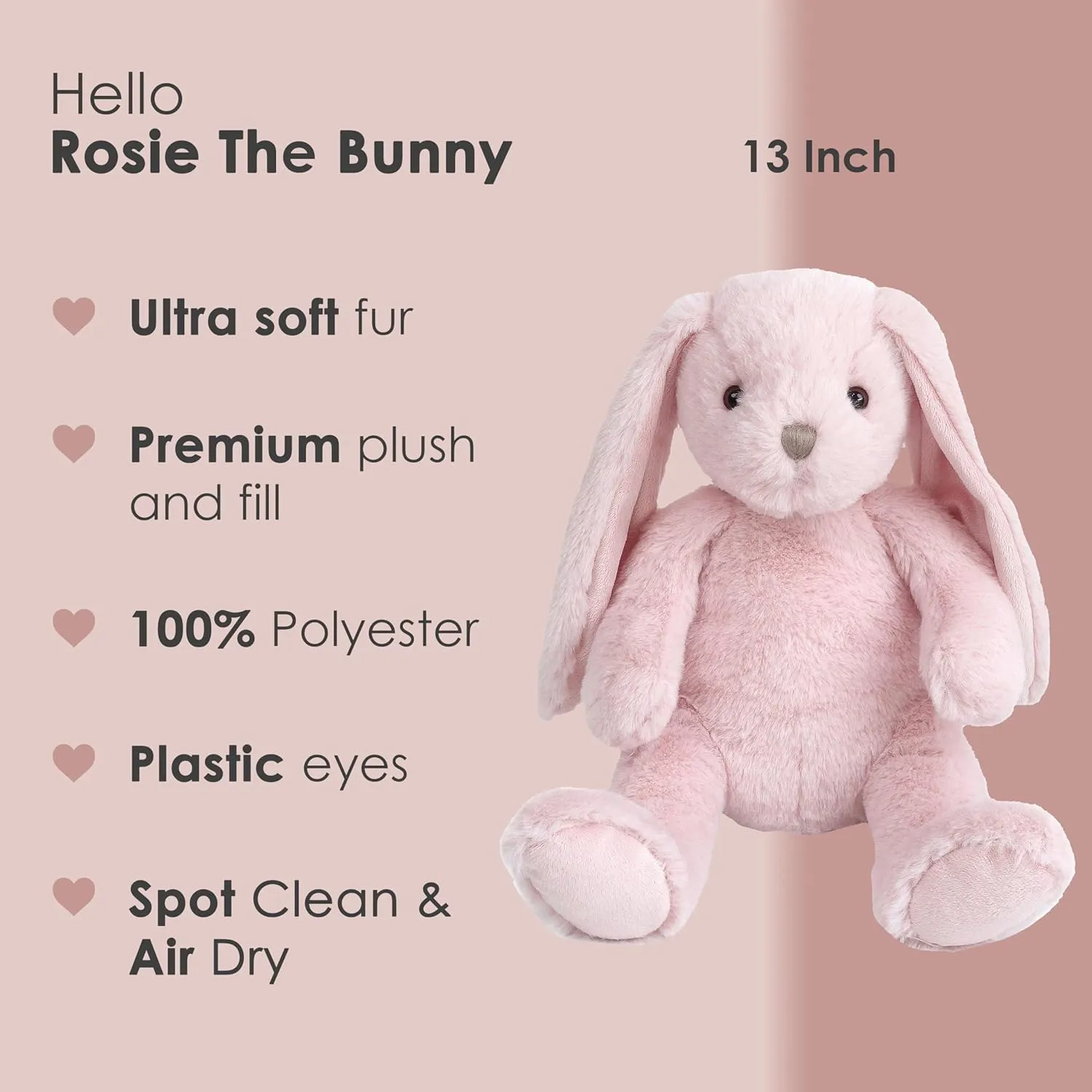 MON AMI Rosie The Bunny Stuffed Animal – 13” Pink, Soft & Cuddly, Huggable Rabbit Plush Toy, Nursery Décor, Great for Kids of All Ages