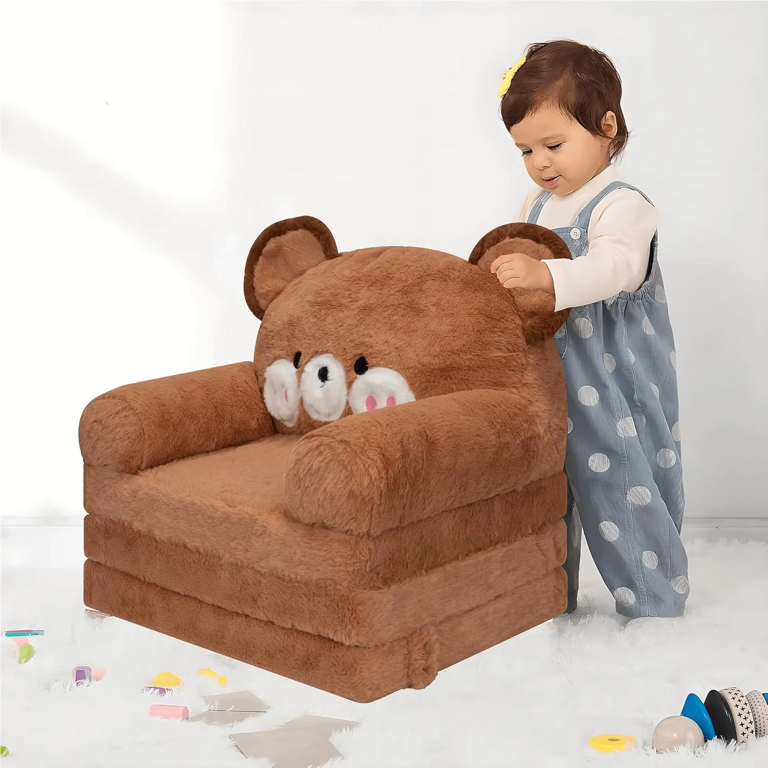 MONKISS Kids Couch, Comfy Toddler Chair, 2 in 1 Fold Out Kids Sofa to Lounger, Baby Sleeper Chair, Toddler Furniture, Birthday Gifts for Boys and Girls, 18  Months, Bear